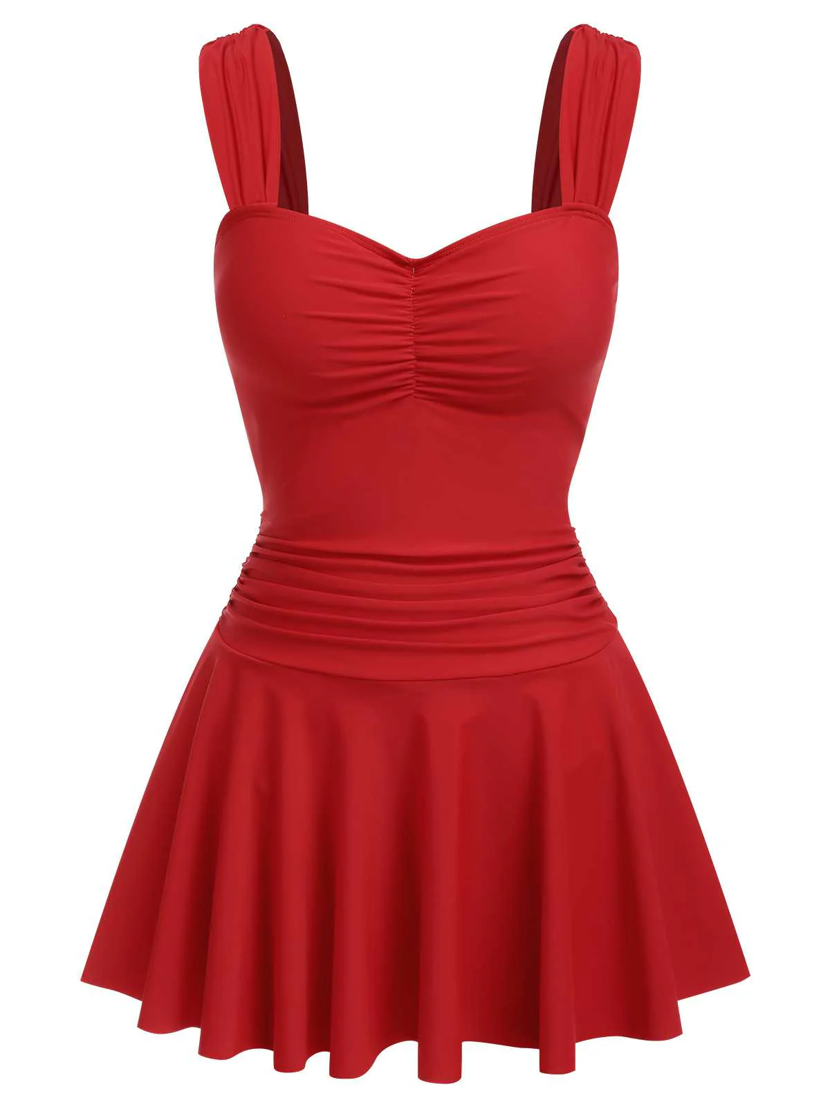 Red 1950s Pleated Solid One-Piece Swimsuit - Image 2
