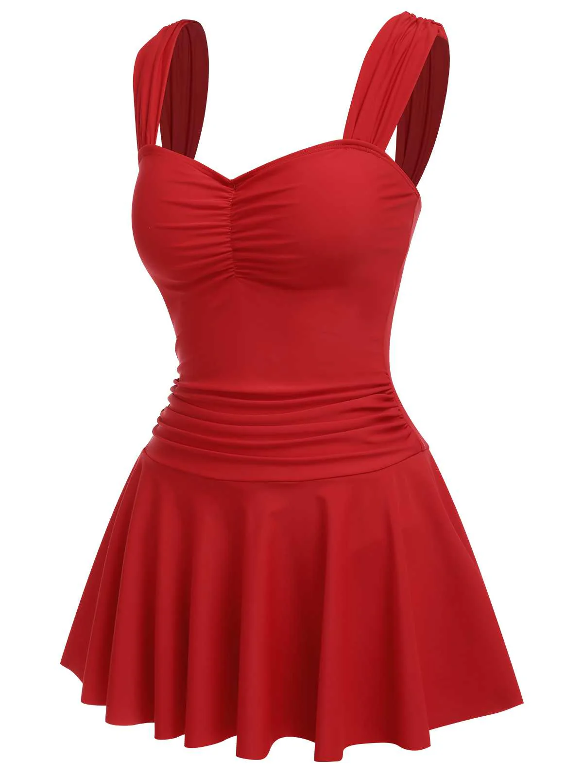 Red 1950s Pleated Solid One-Piece Swimsuit - Image 3