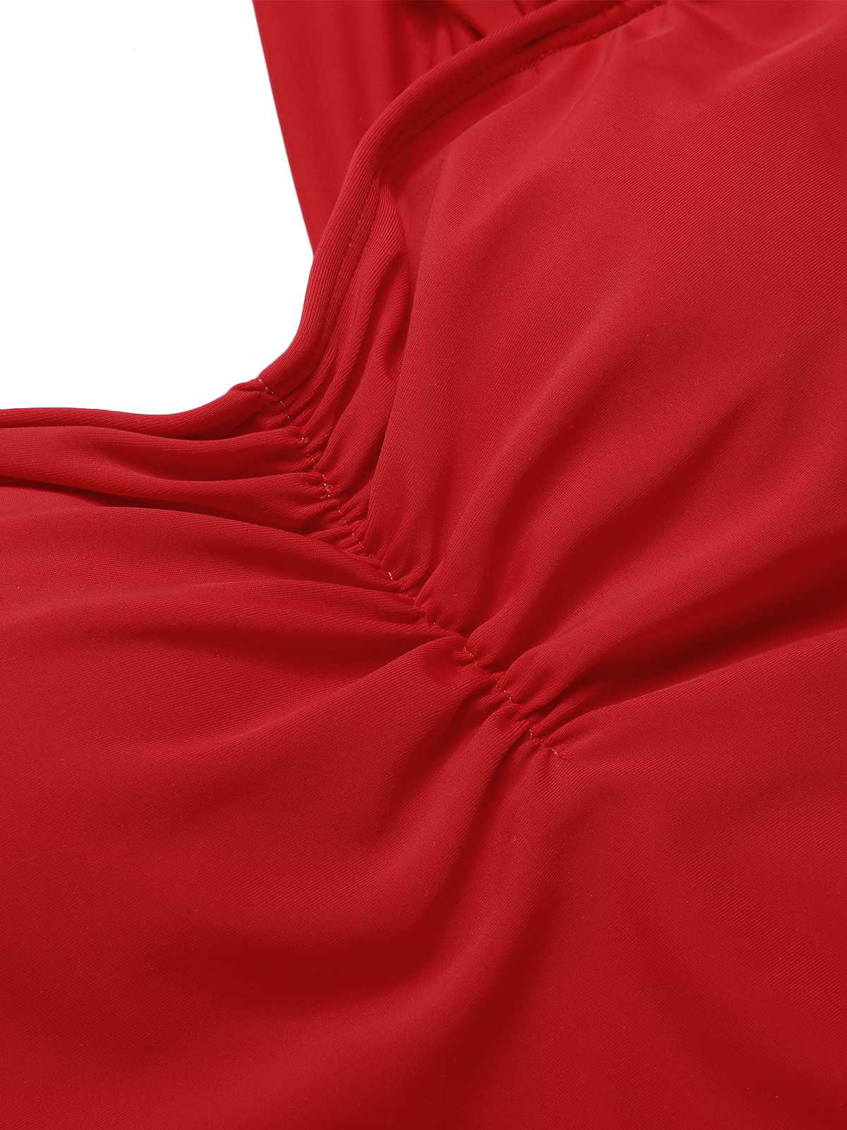 Red 1950s Pleated Solid One-Piece Swimsuit - Image 5