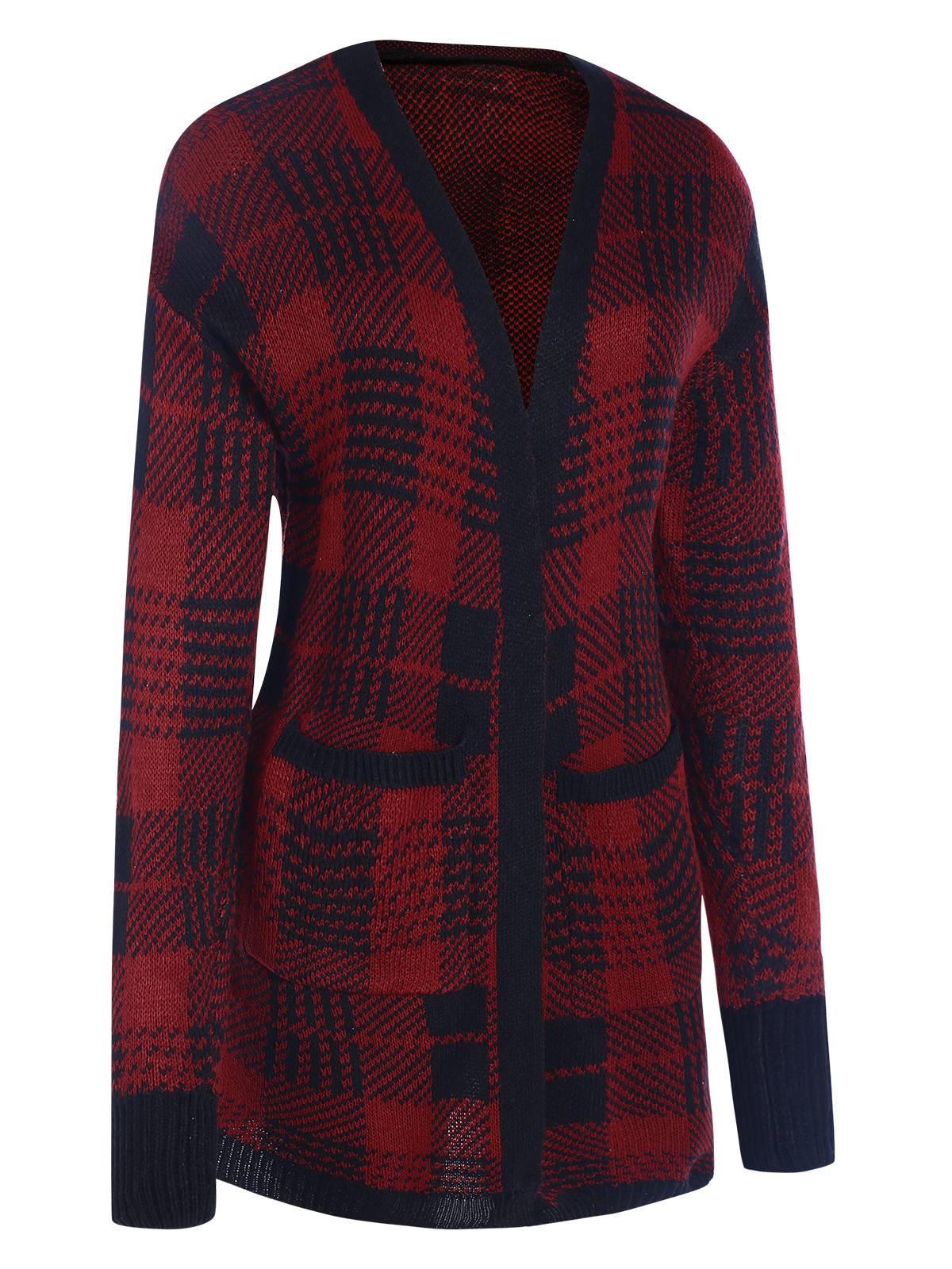 Red 1950s Pockets Plaid Knitted Cardigan - Image 2