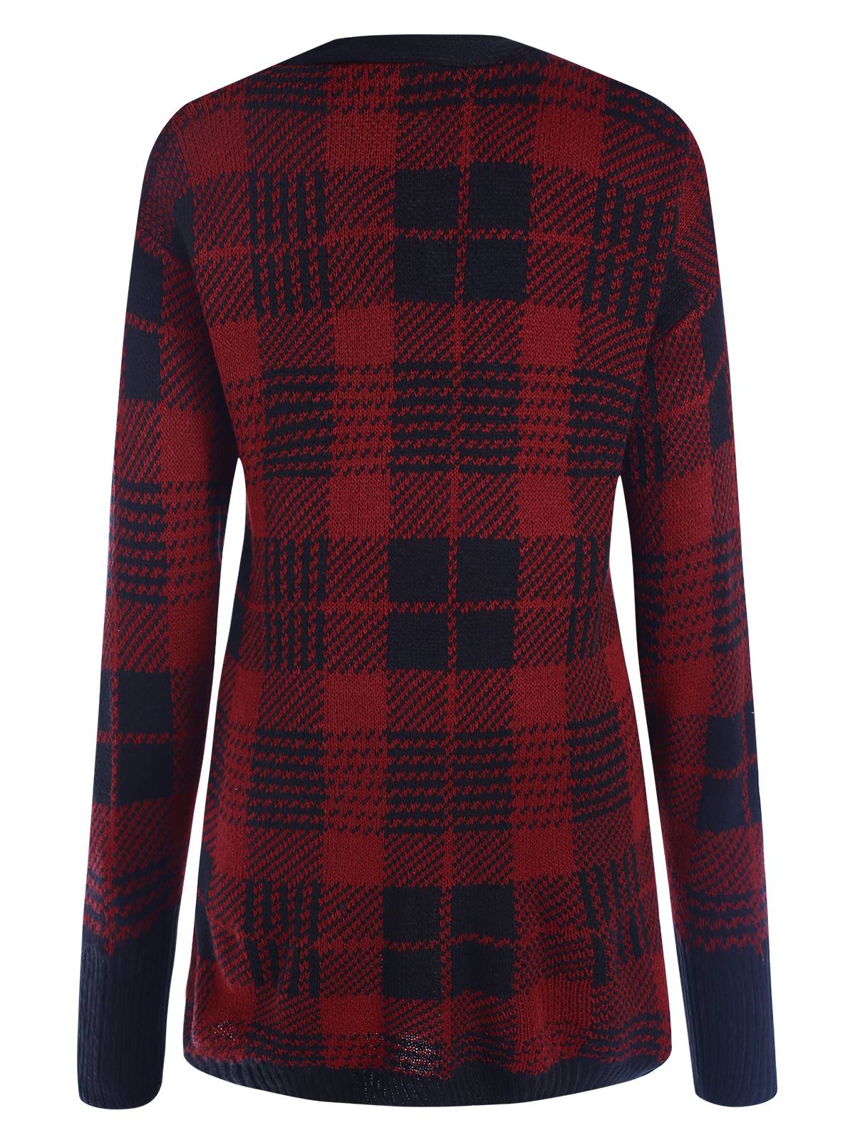 Red 1950s Pockets Plaid Knitted Cardigan - Image 3