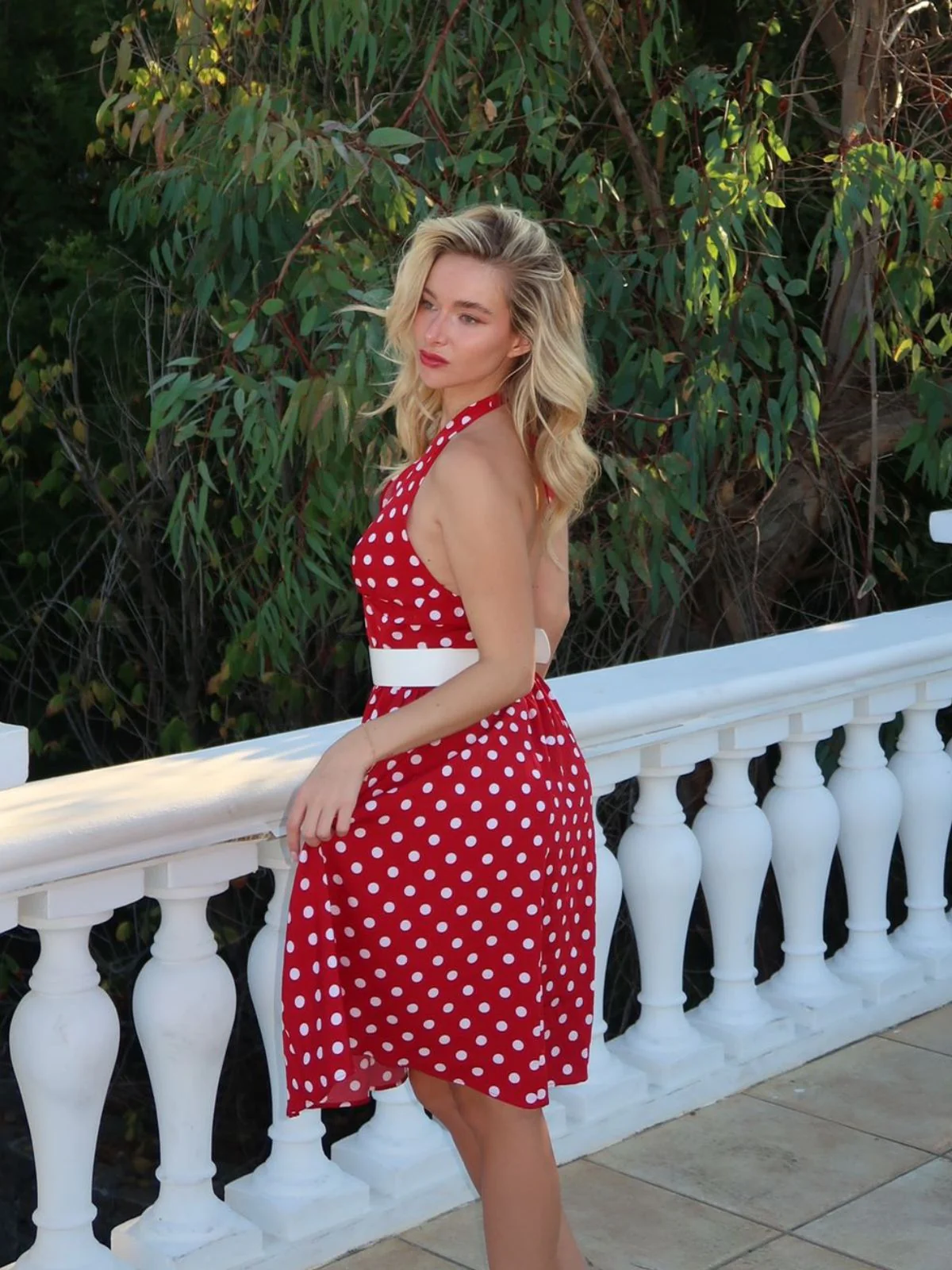 Red 1950s Polka Dot Halter Dress - Image 2