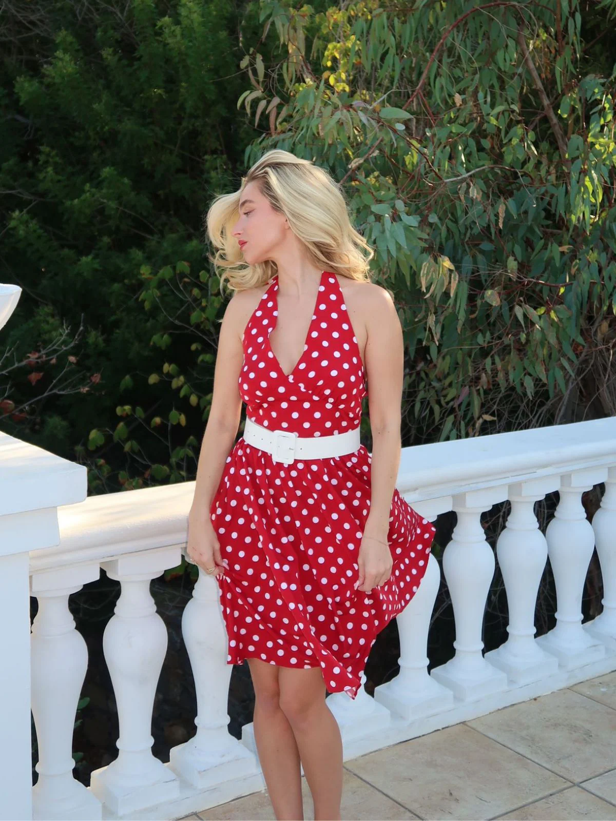 Red 1950s Polka Dot Halter Dress - Image 3