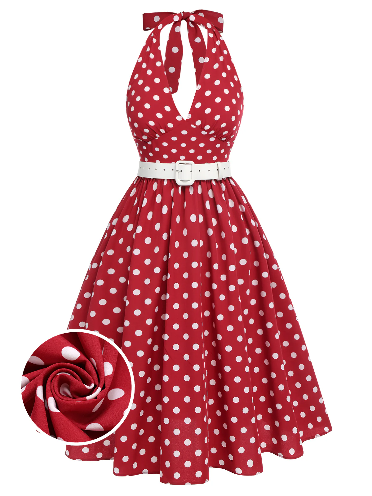 Red 1950s Polka Dot Halter Dress - Image 2