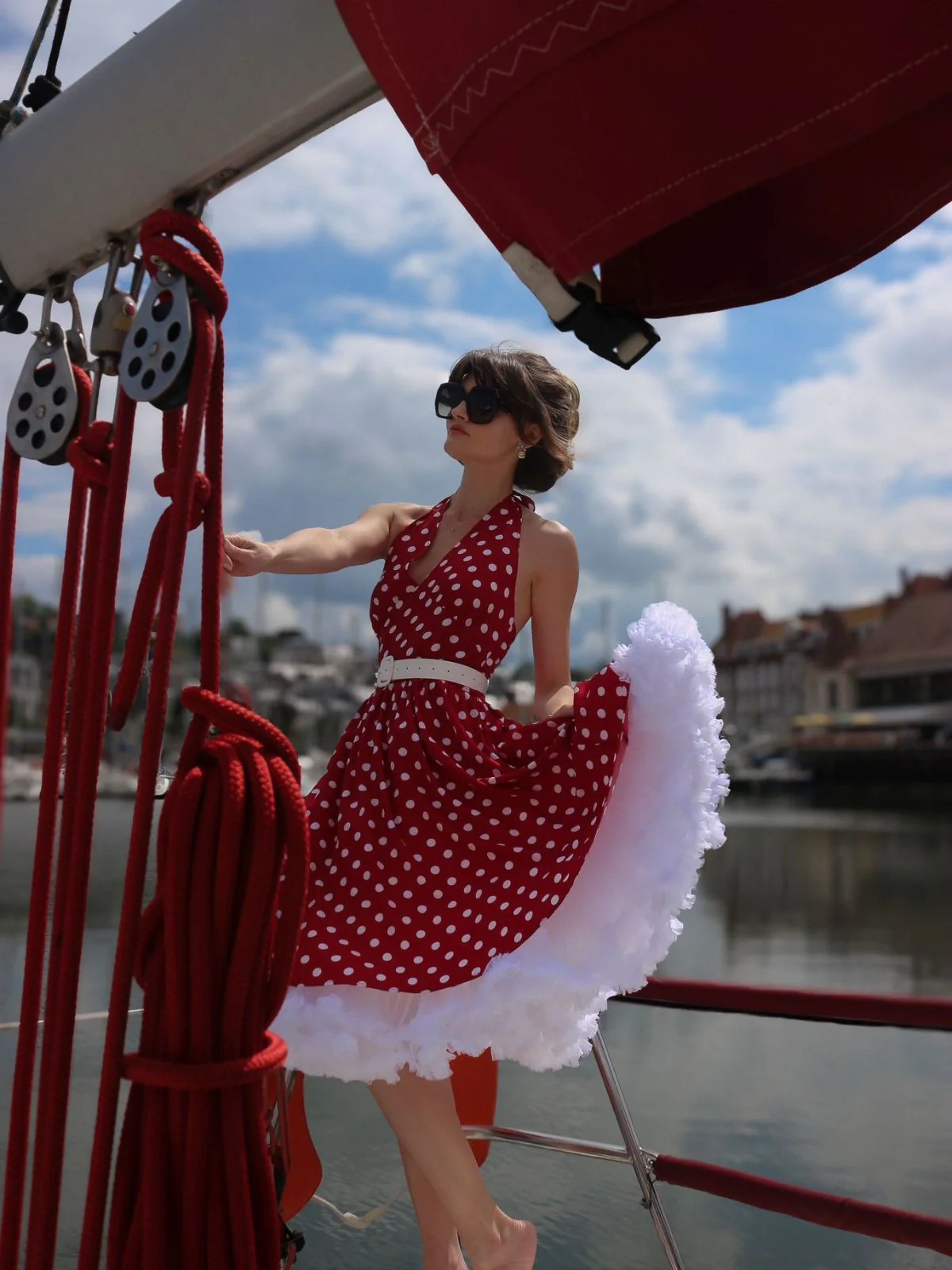 Red 1950s Polka Dot Halter Dress - Image 2