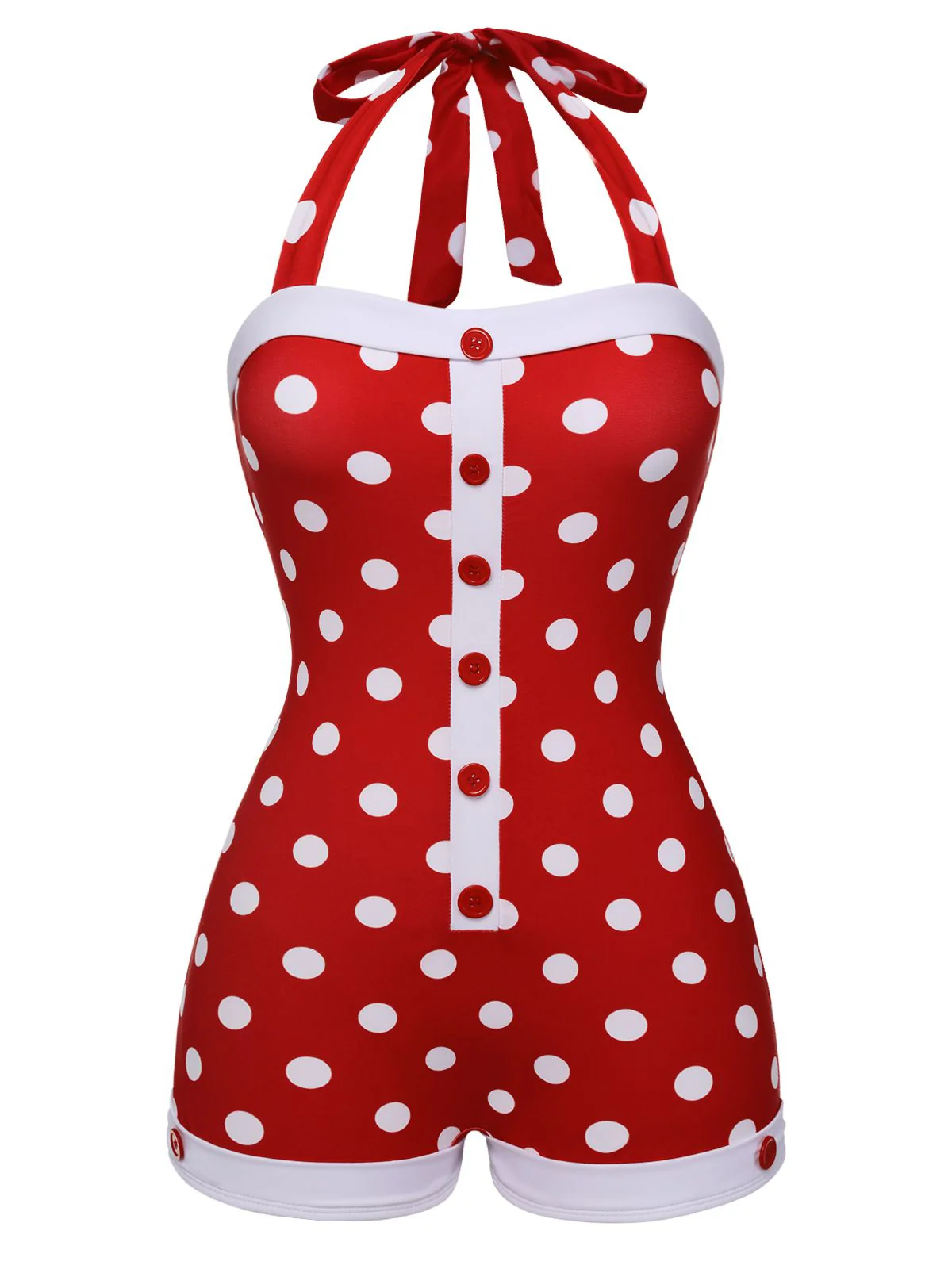 Red 1950s Polka Dot Patchwork Halter Swimsuit - Image 2