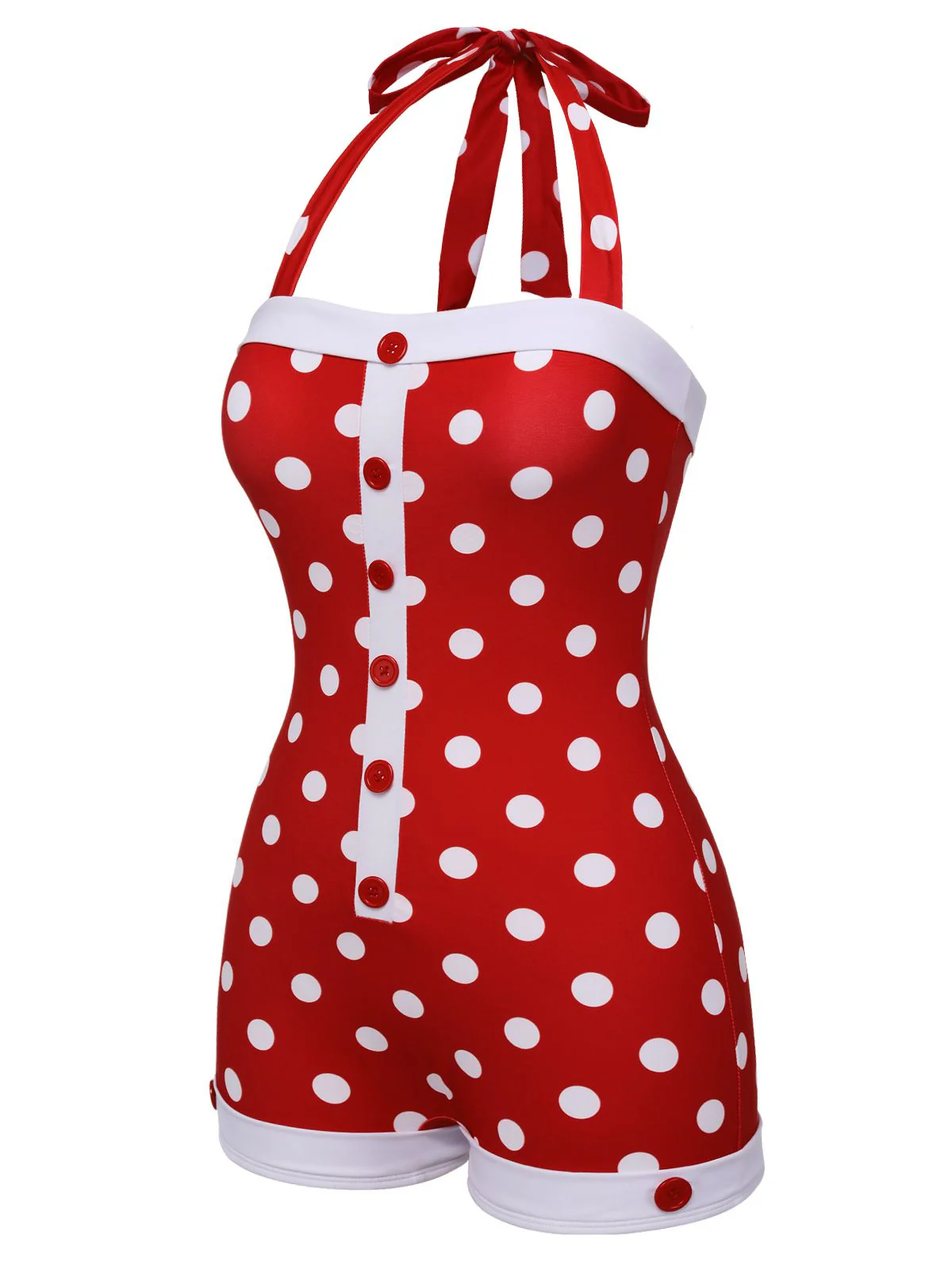 Red 1950s Polka Dot Patchwork Halter Swimsuit - Image 3