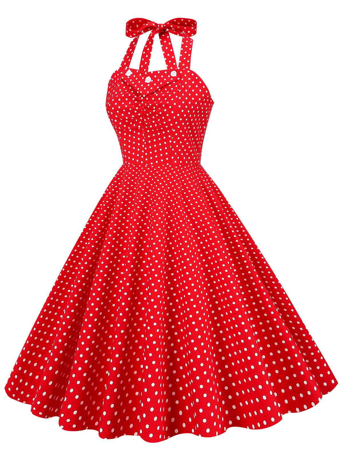 Red 1950s Polka Dot Halter Swing Dress - Image 2