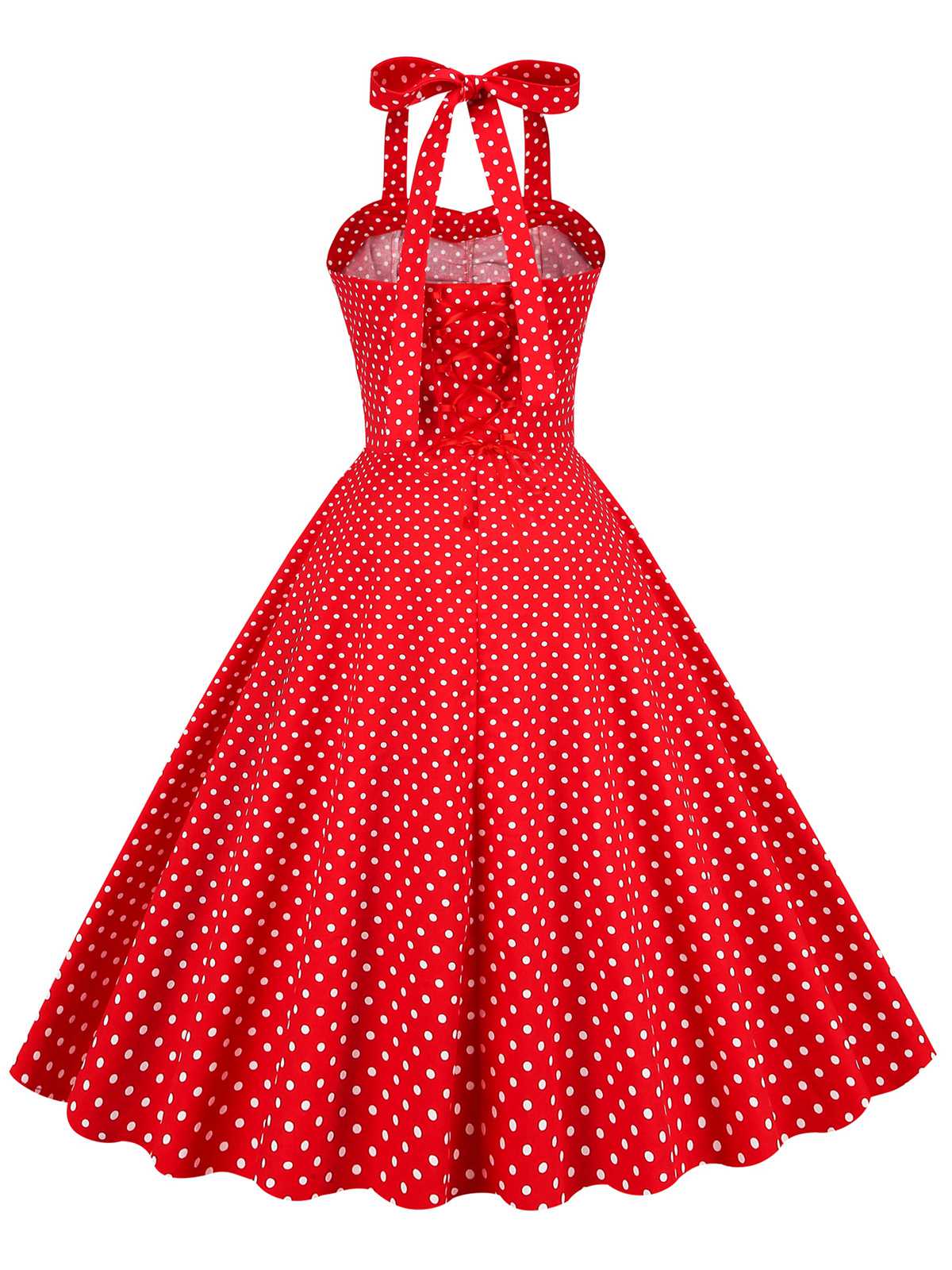 Red 1950s Polka Dot Halter Swing Dress - Image 3