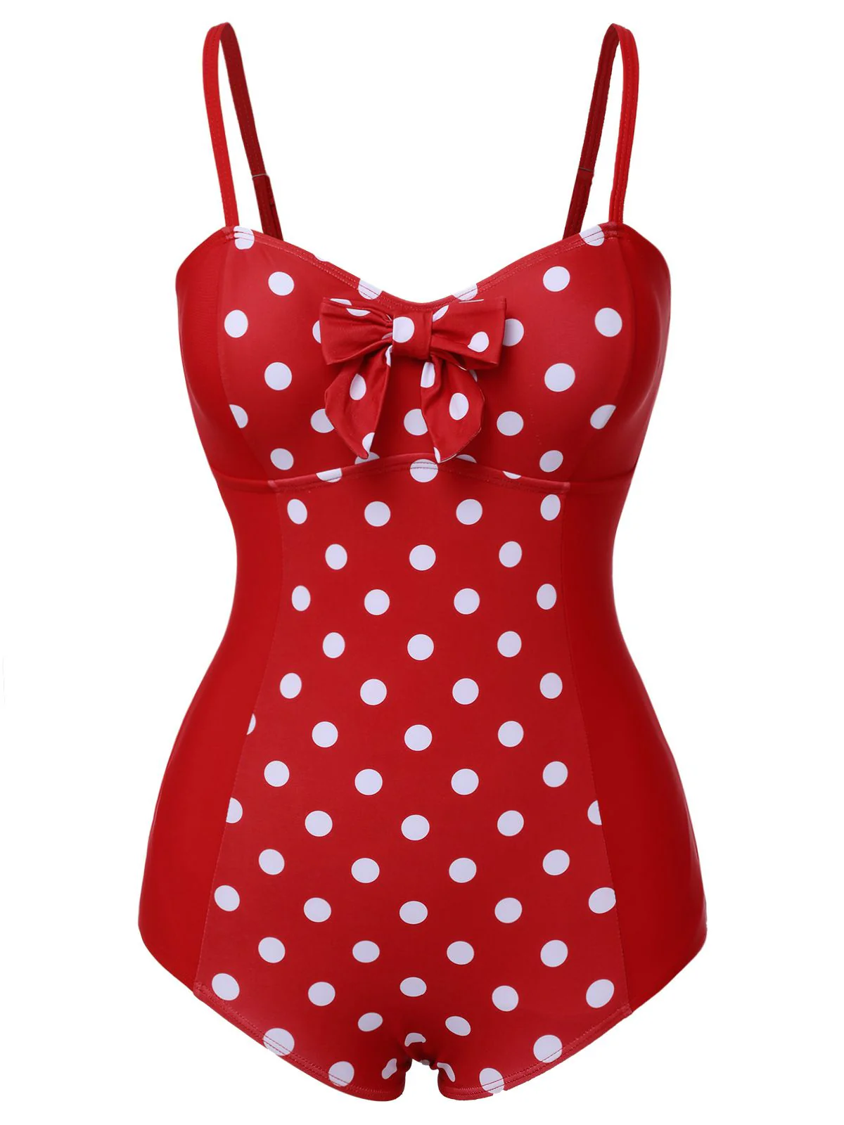 Red 1950s Polka Dot Patchwork Strap Swimsuit - Image 2