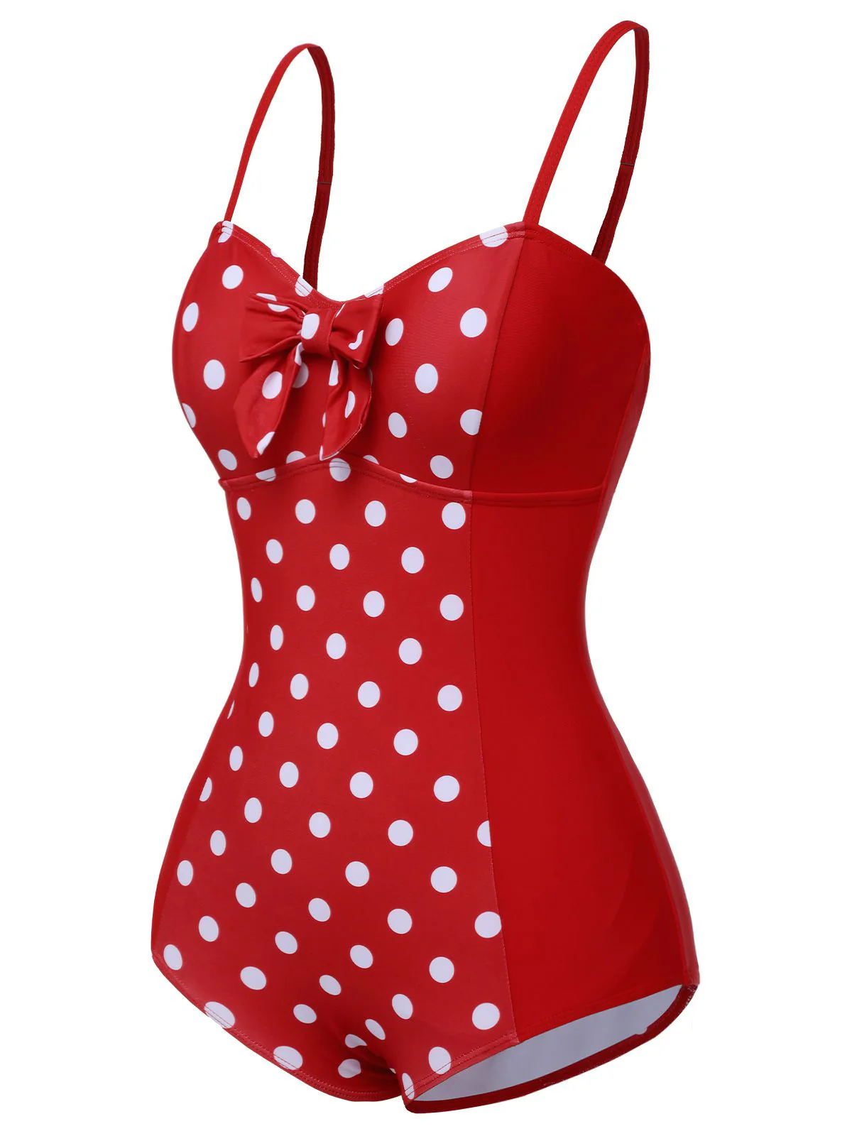 Red 1950s Polka Dot Patchwork Strap Swimsuit - Image 3