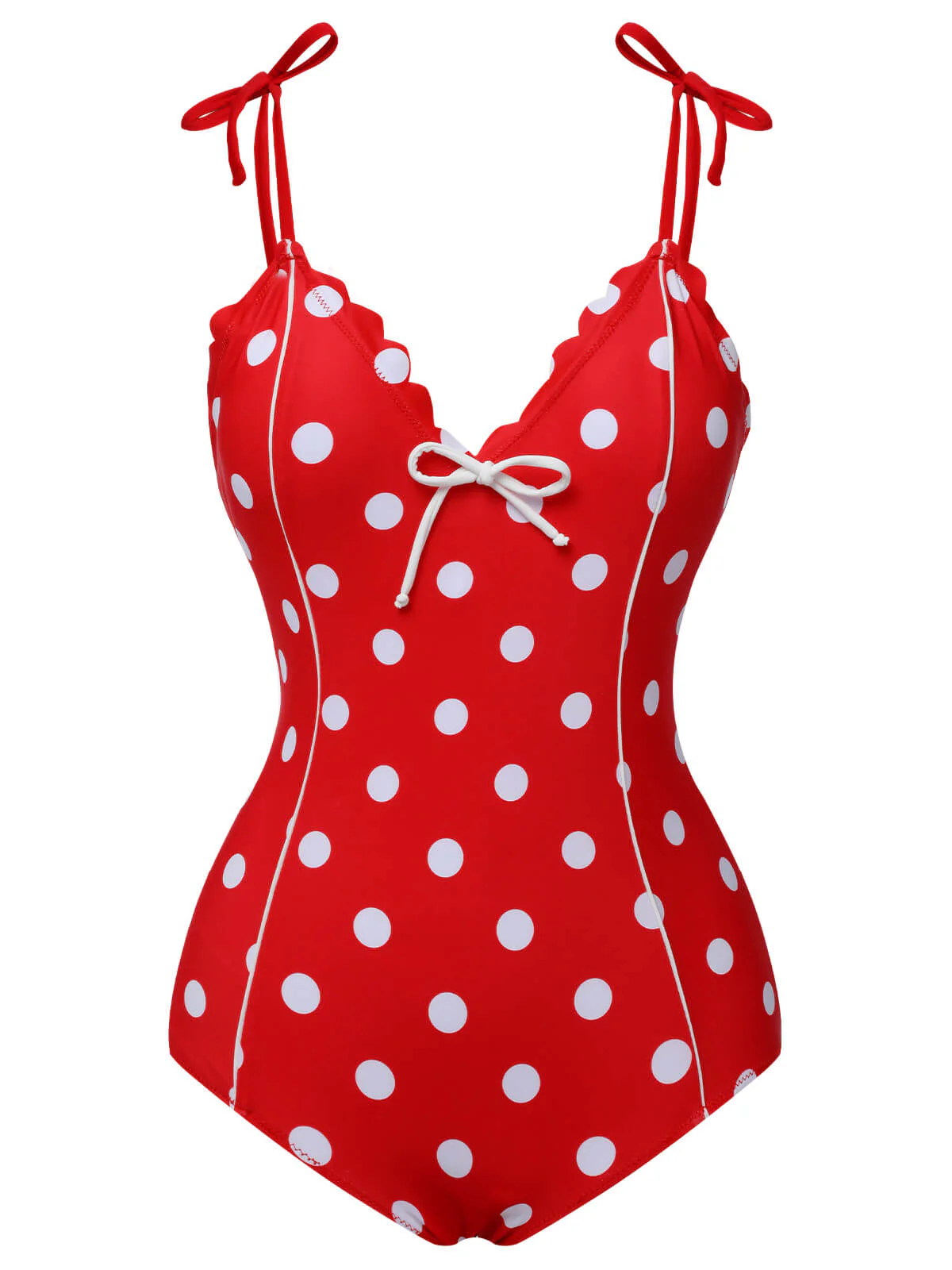 Red 1950s Polka Dot Shoulder Tie Swimsuit - Image 2