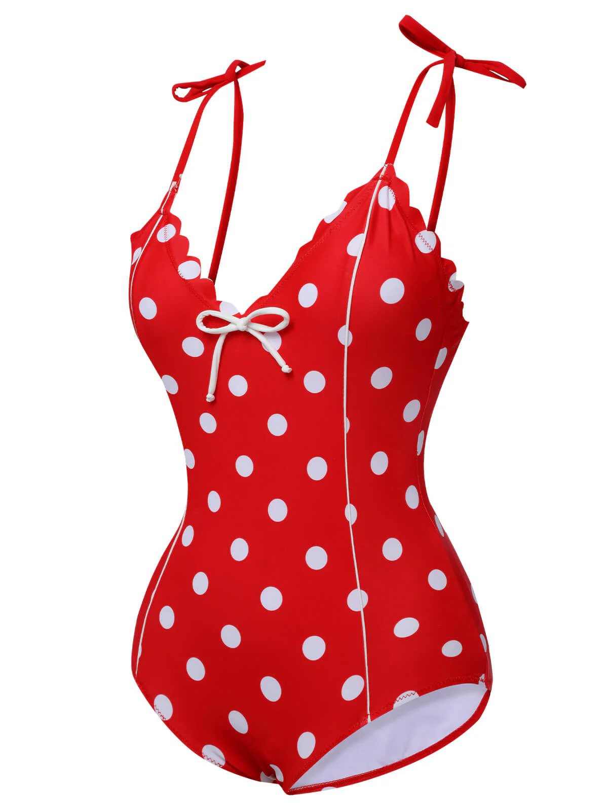 Red 1950s Polka Dot Shoulder Tie Swimsuit - Image 3