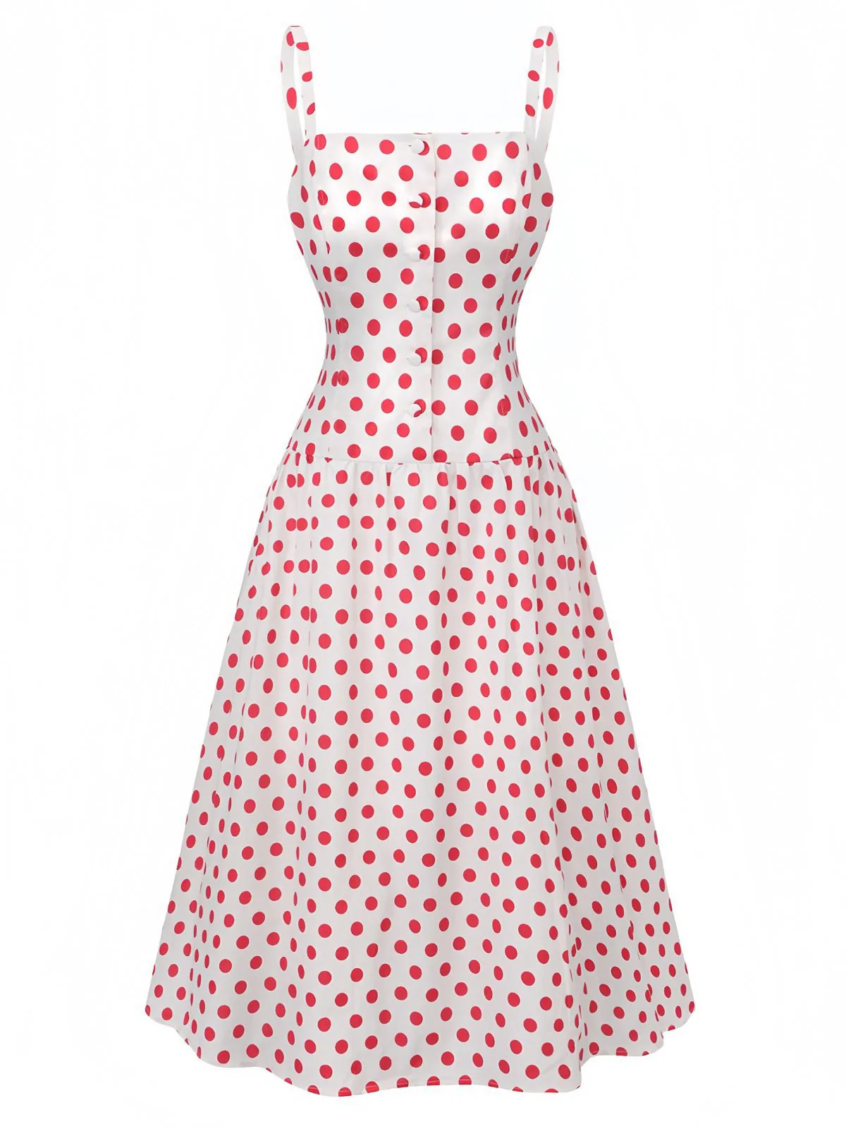 Red 1950s Polka Dot Square Neck Wide Strap Dress - Image 2