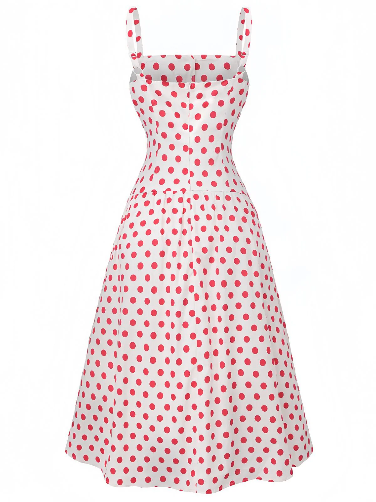 Red 1950s Polka Dot Square Neck Wide Strap Dress - Image 3