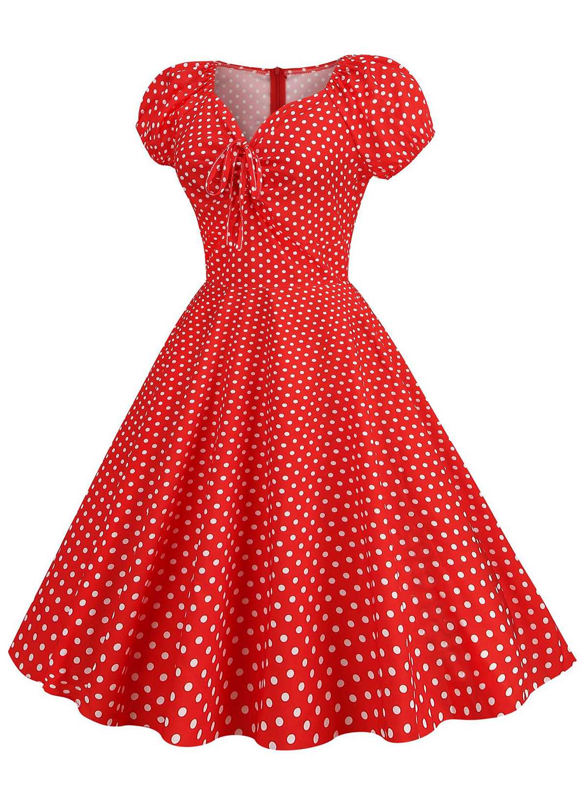 Red 1950s Polka Dot Sweetheart Neck Bow Dress - Image 2