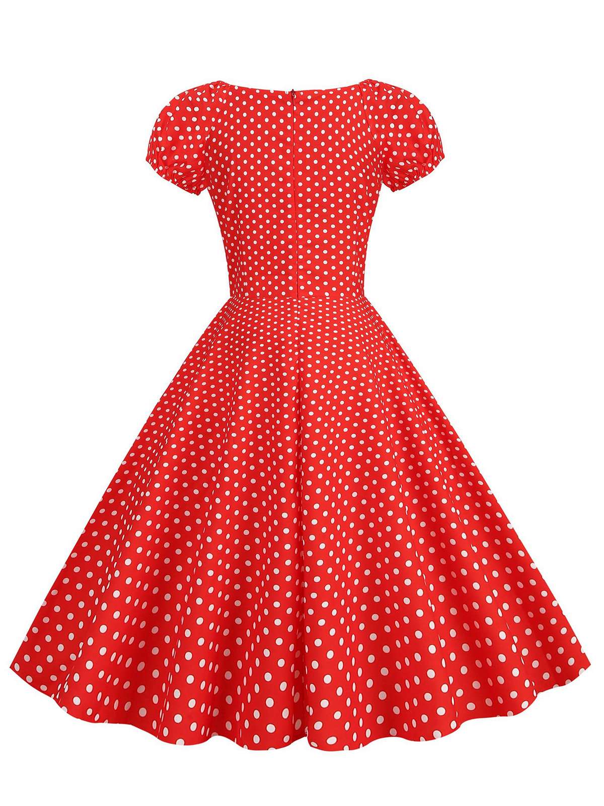 Red 1950s Polka Dot Sweetheart Neck Bow Dress - Image 3
