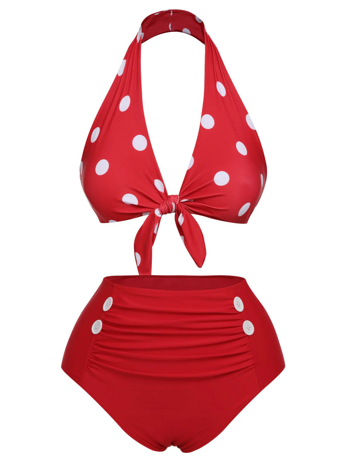Red 1950s Polka Dot Tie Halter Swimsuit - Image 2