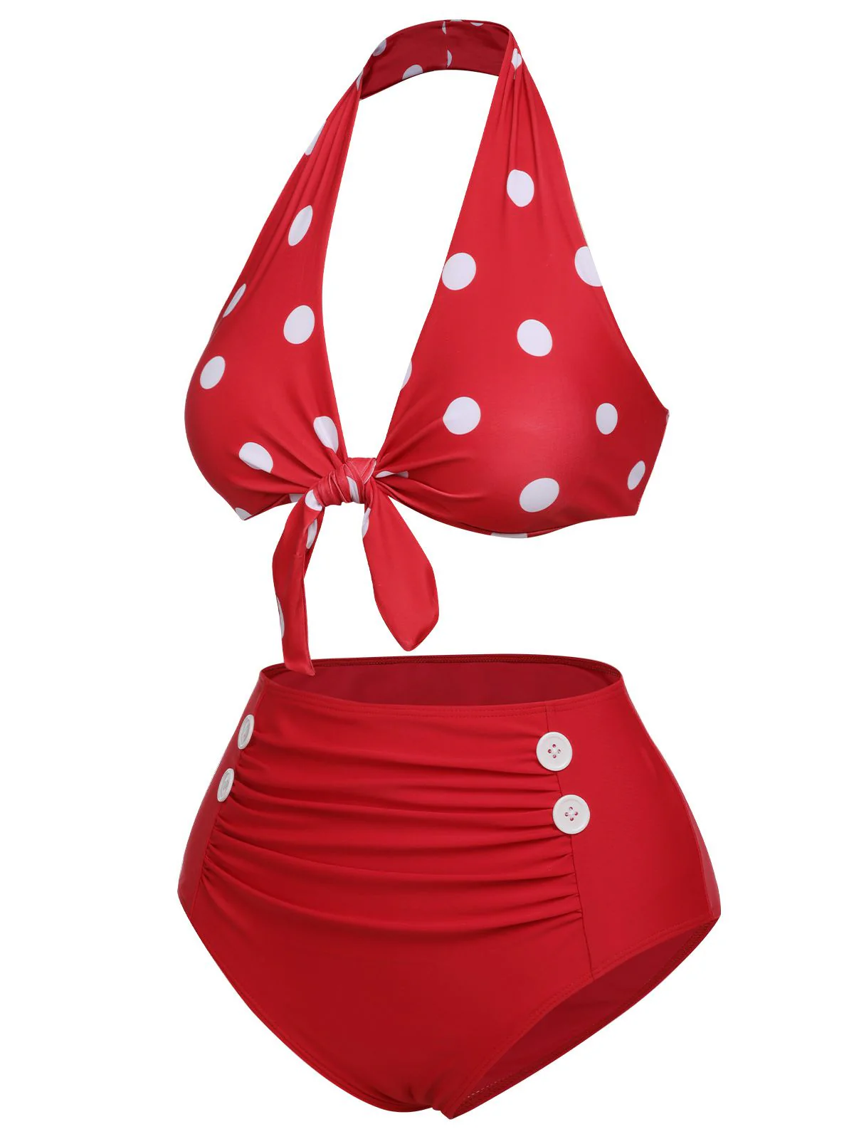 Red 1950s Polka Dot Tie Halter Swimsuit - Image 3