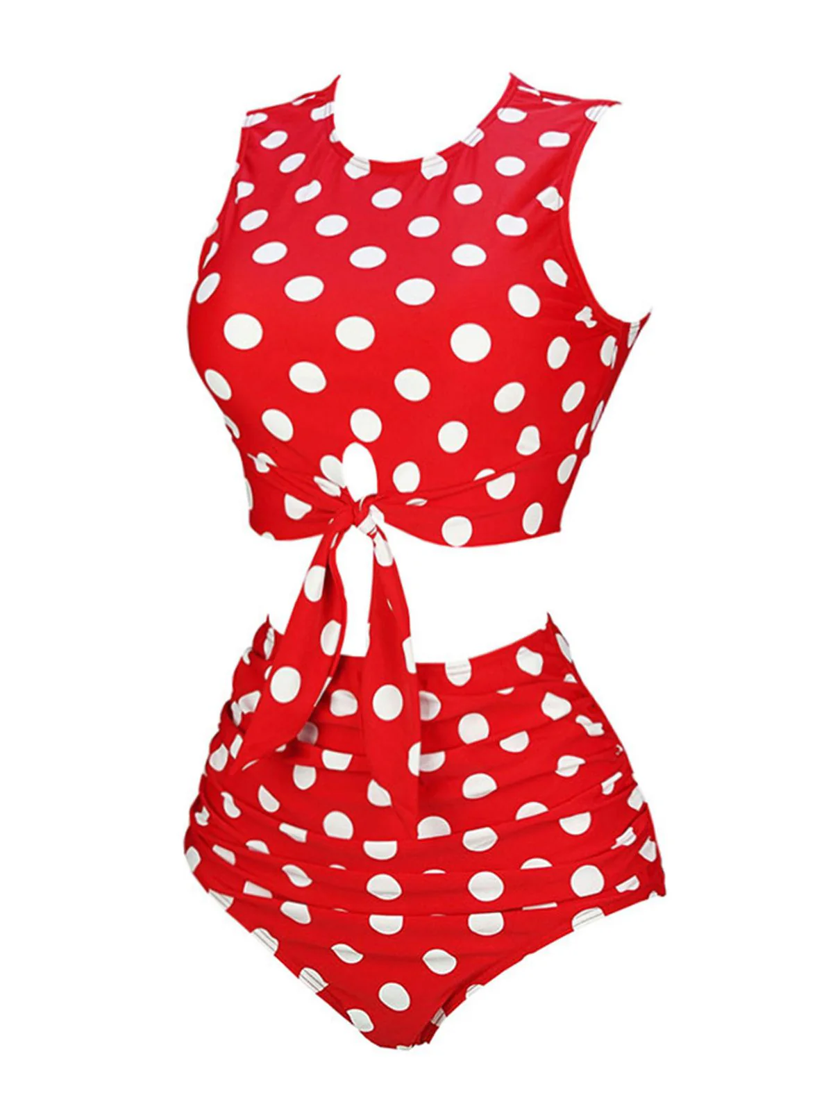 Red 1970s Polka Dots Waist Tie Swimsuit - Image 2