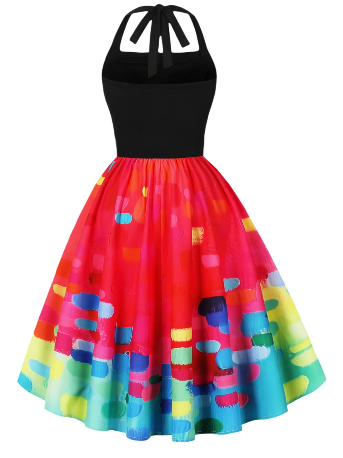Red 1950s Psychedelic Painting Prints Halter Dress - Image 2