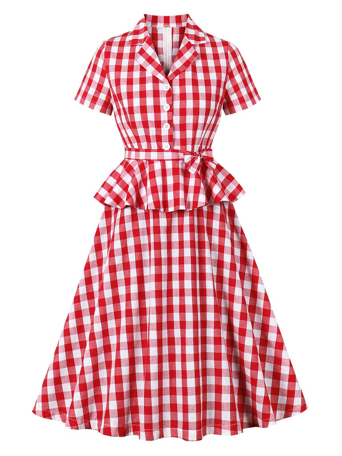 Red 1950s Pure Cotton Gingham Plaids Belted Dress - Image 2
