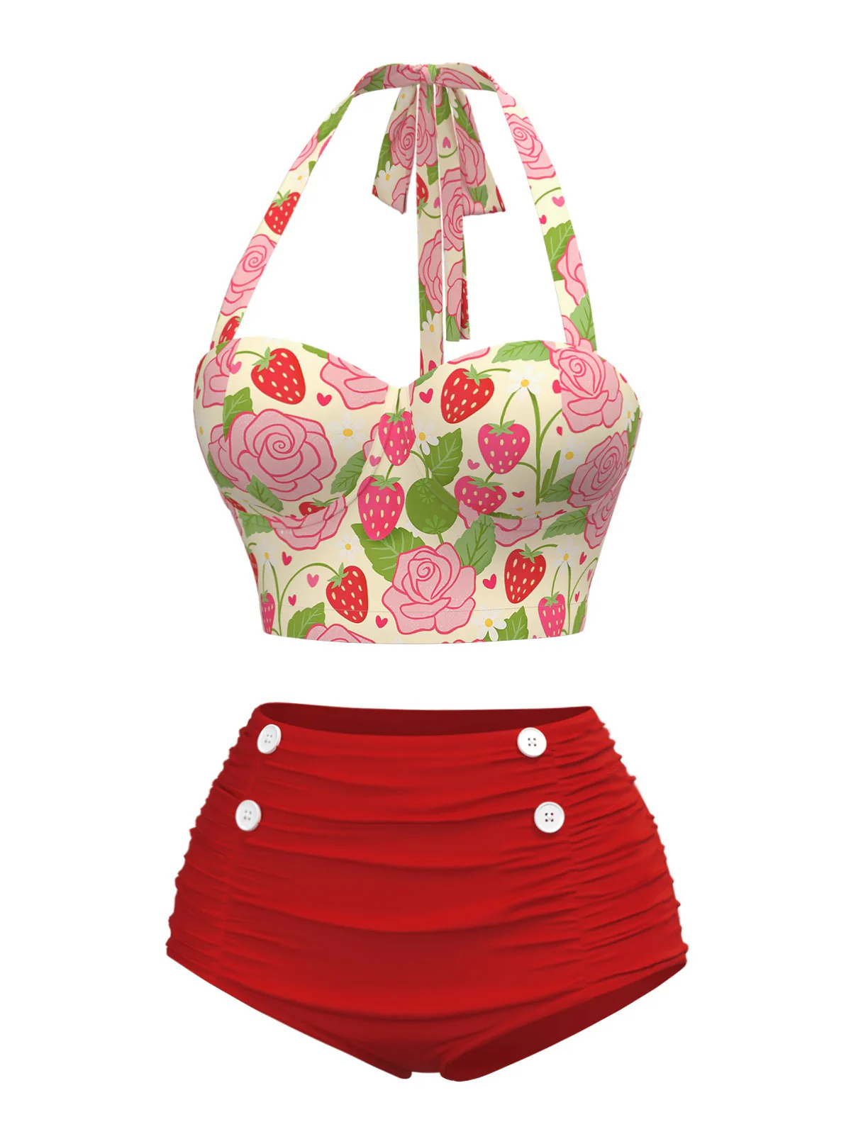 Red 1950s Rose & Strawberry Halter Swimsuit - Image 2