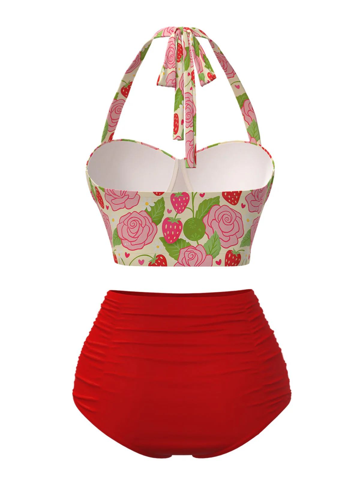 Red 1950s Rose & Strawberry Halter Swimsuit - Image 3