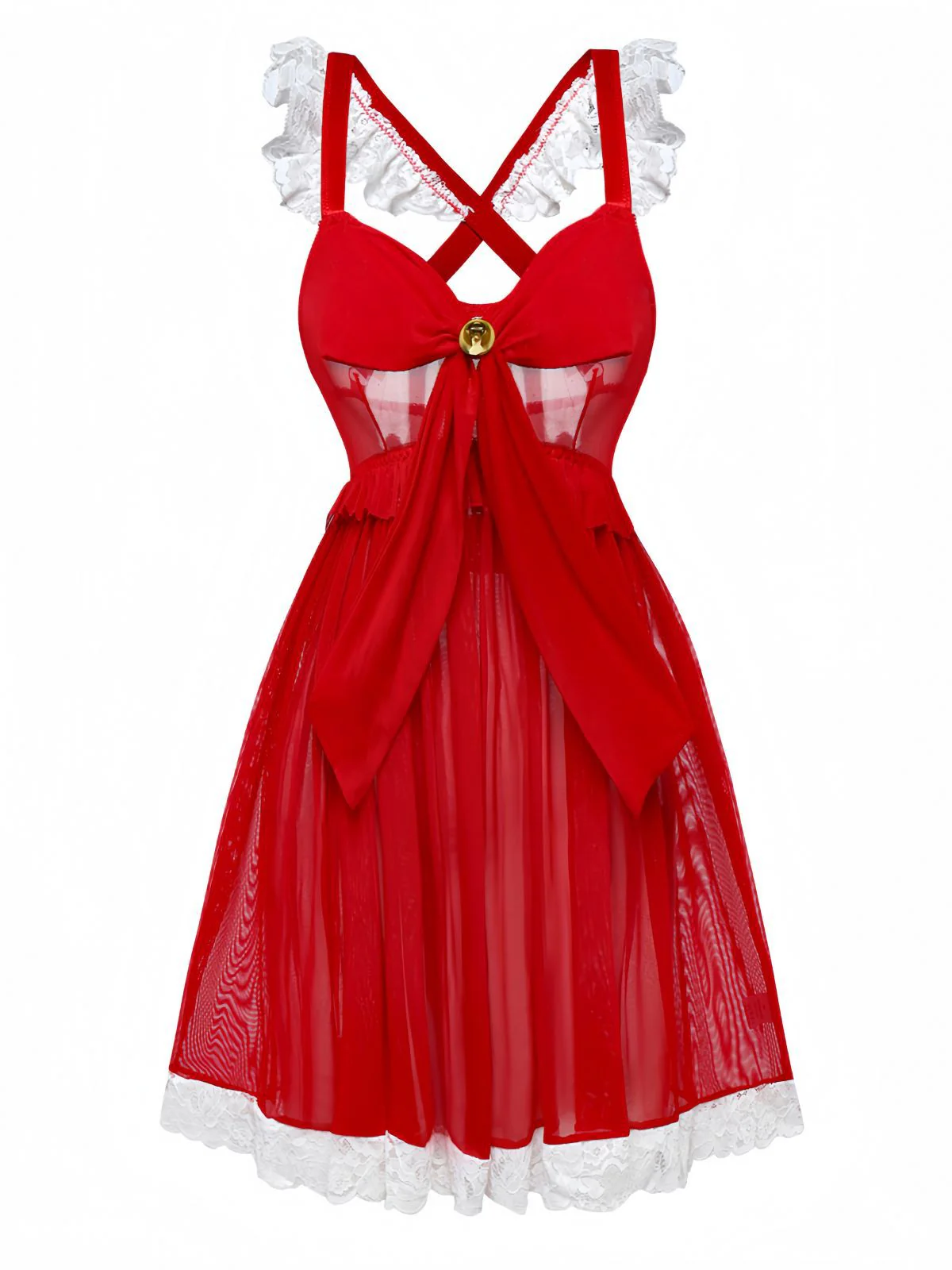 Red 1950s Ruffle Strap Lace Sheer Nightdress - Image 2