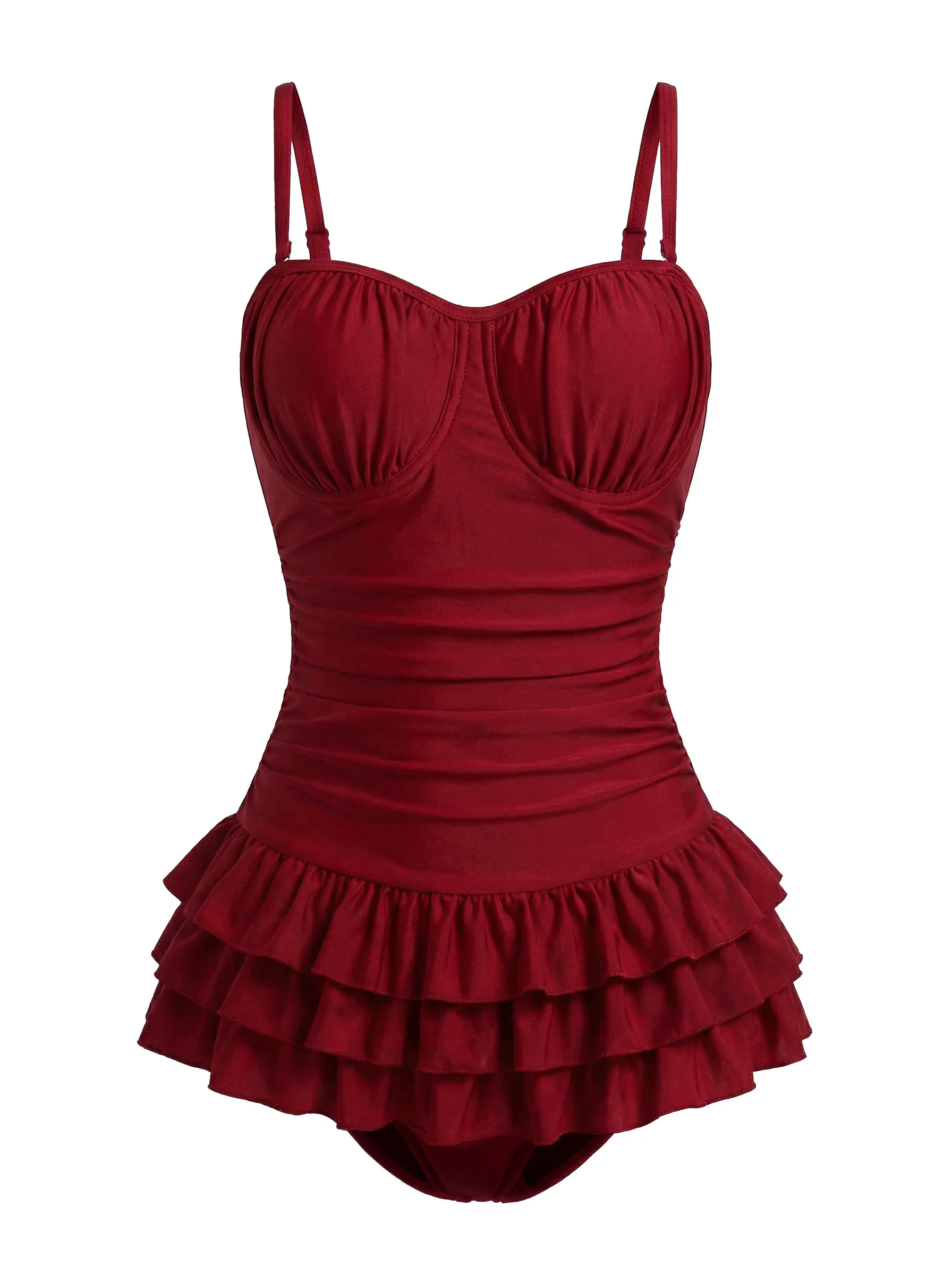 Red 1950s Ruffled Ruched Tiered One-Piece Swimsuit - Image 3