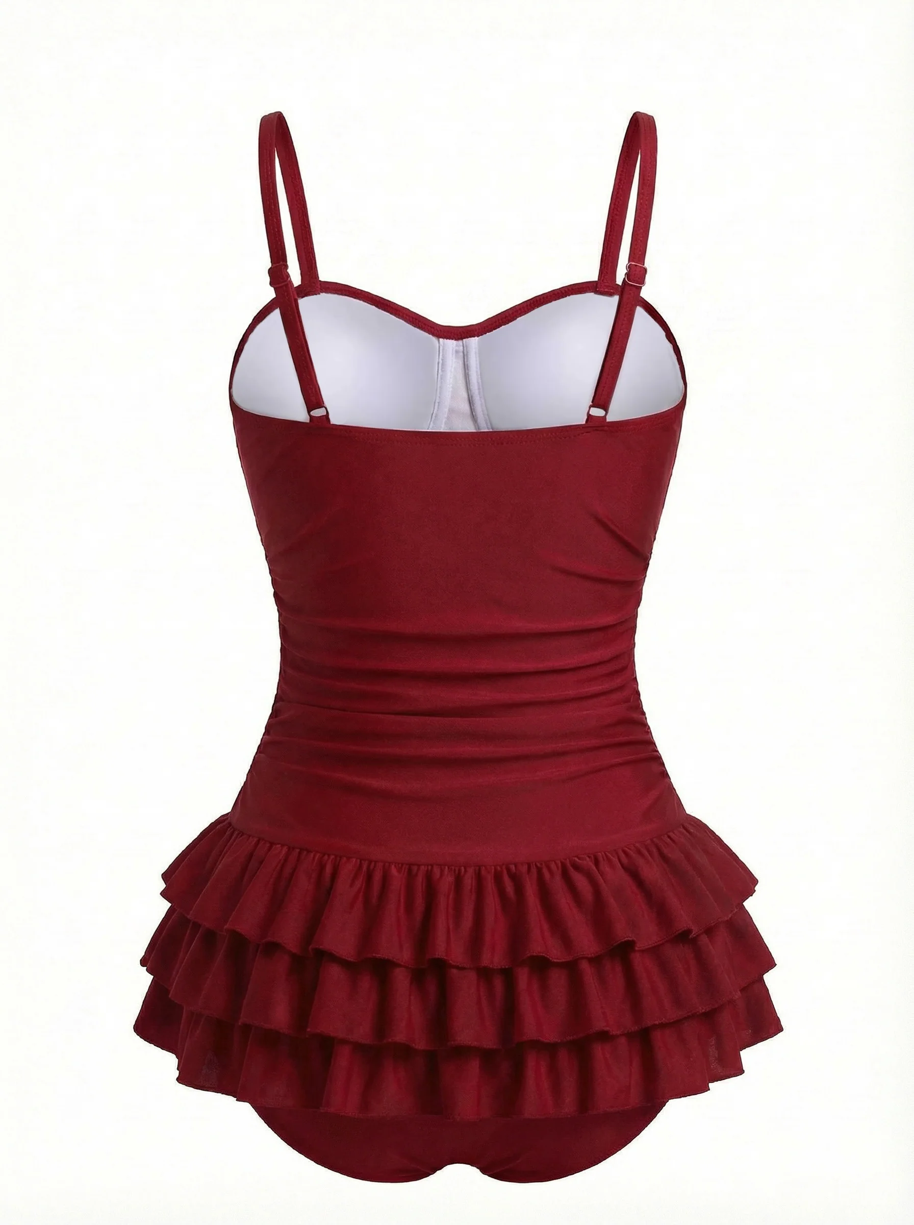 Red 1950s Ruffled Ruched Tiered One-Piece Swimsuit - Image 4