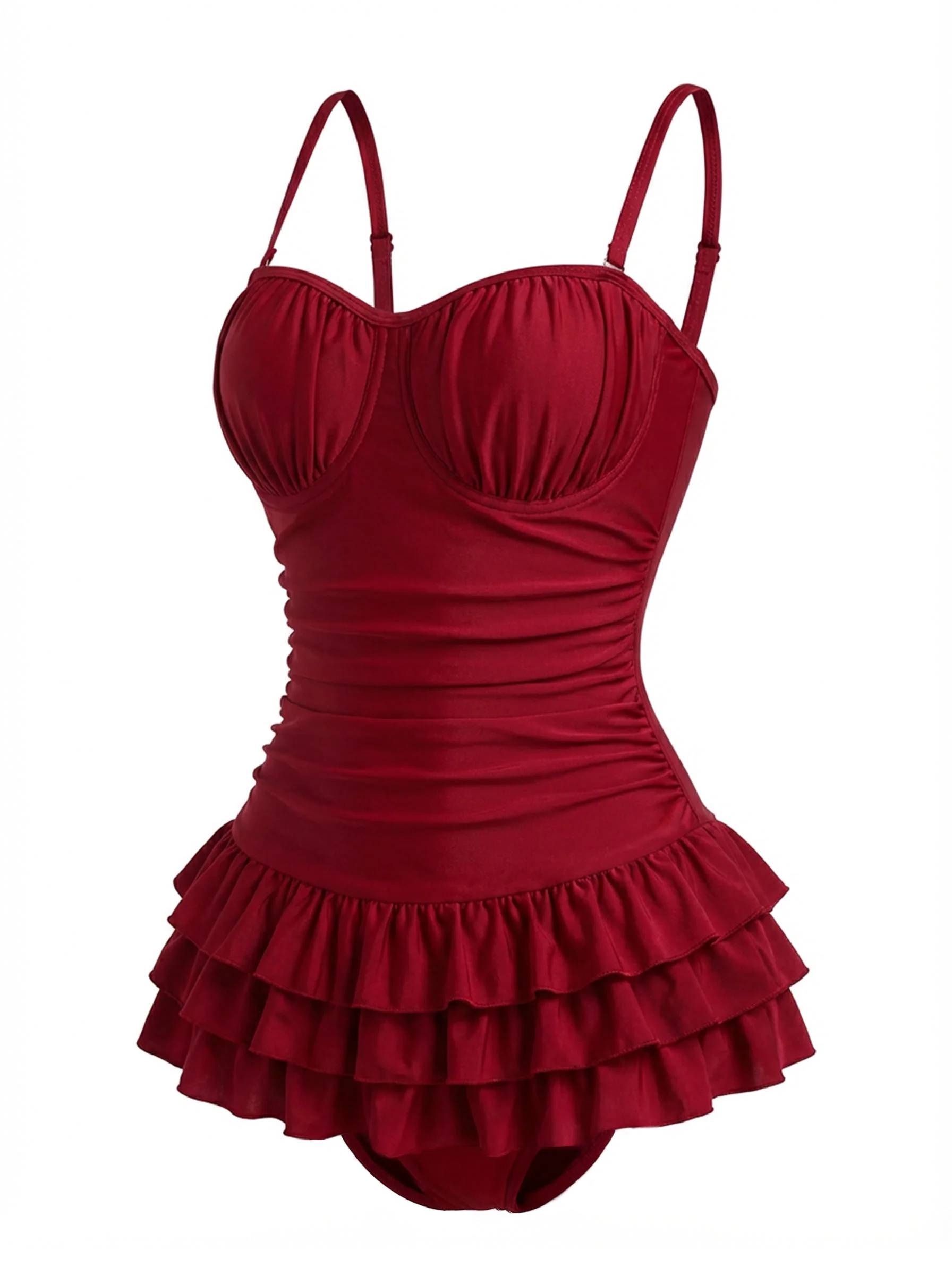 Red 1950s Ruffled Ruched Tiered One-Piece Swimsuit - Image 5