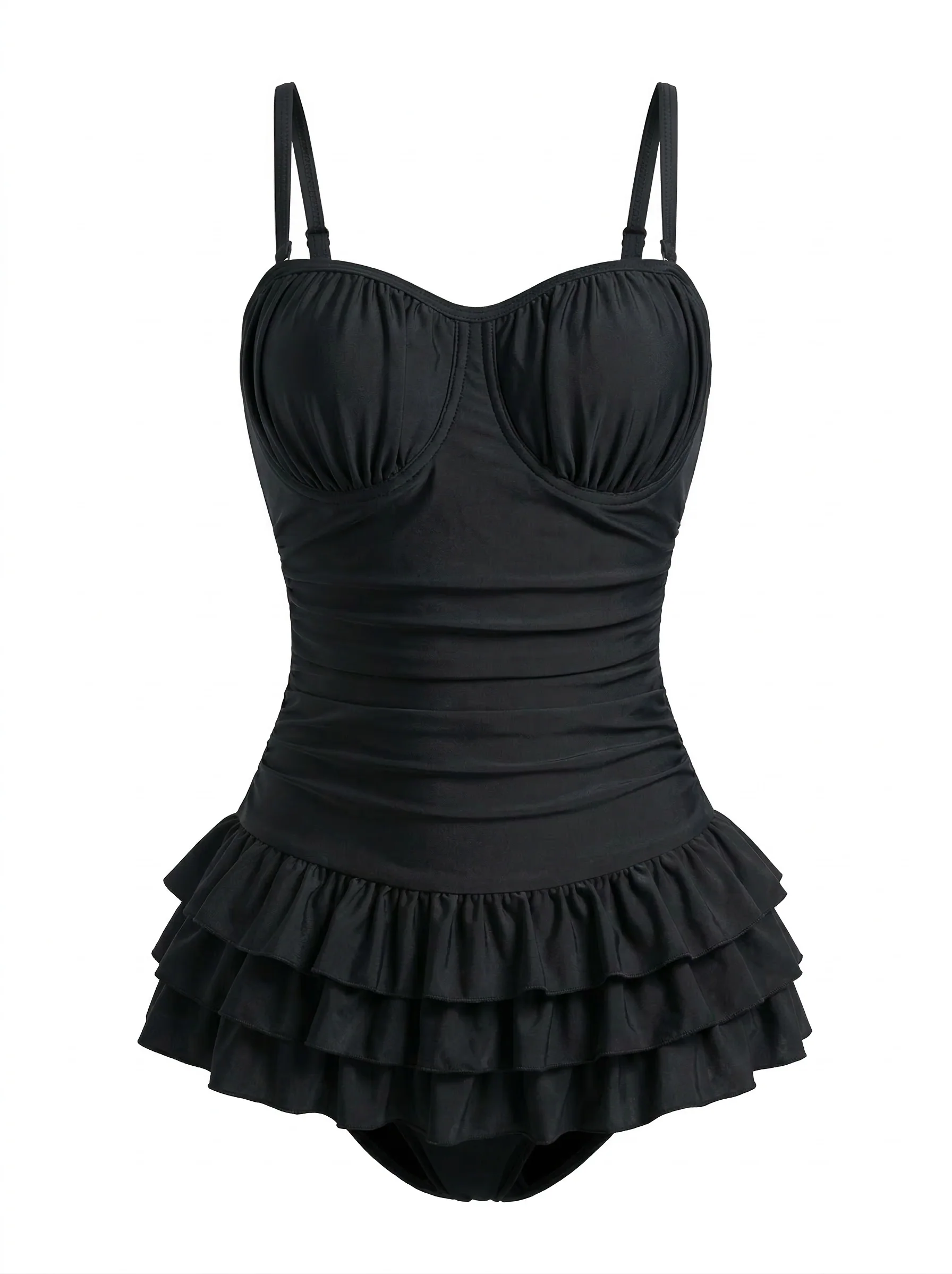 Red 1950s Ruffled Ruched Tiered One-Piece Swimsuit - Image 6