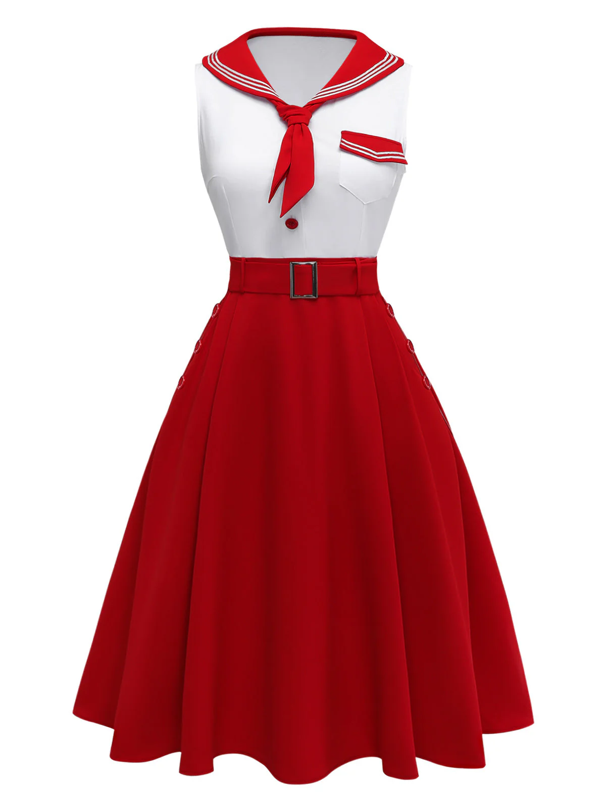 [Pre-Sale] Red 1950s Sailor Collar Belted Sleeveless A-Line Dress - Image 2