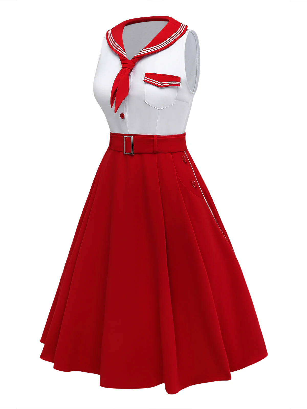 [Pre-Sale] Red 1950s Sailor Collar Belted Sleeveless A-Line Dress - Image 3