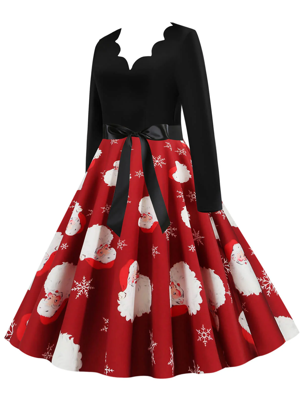 Red 1950s Santa Claus V-Neck Belt Dress - Image 3