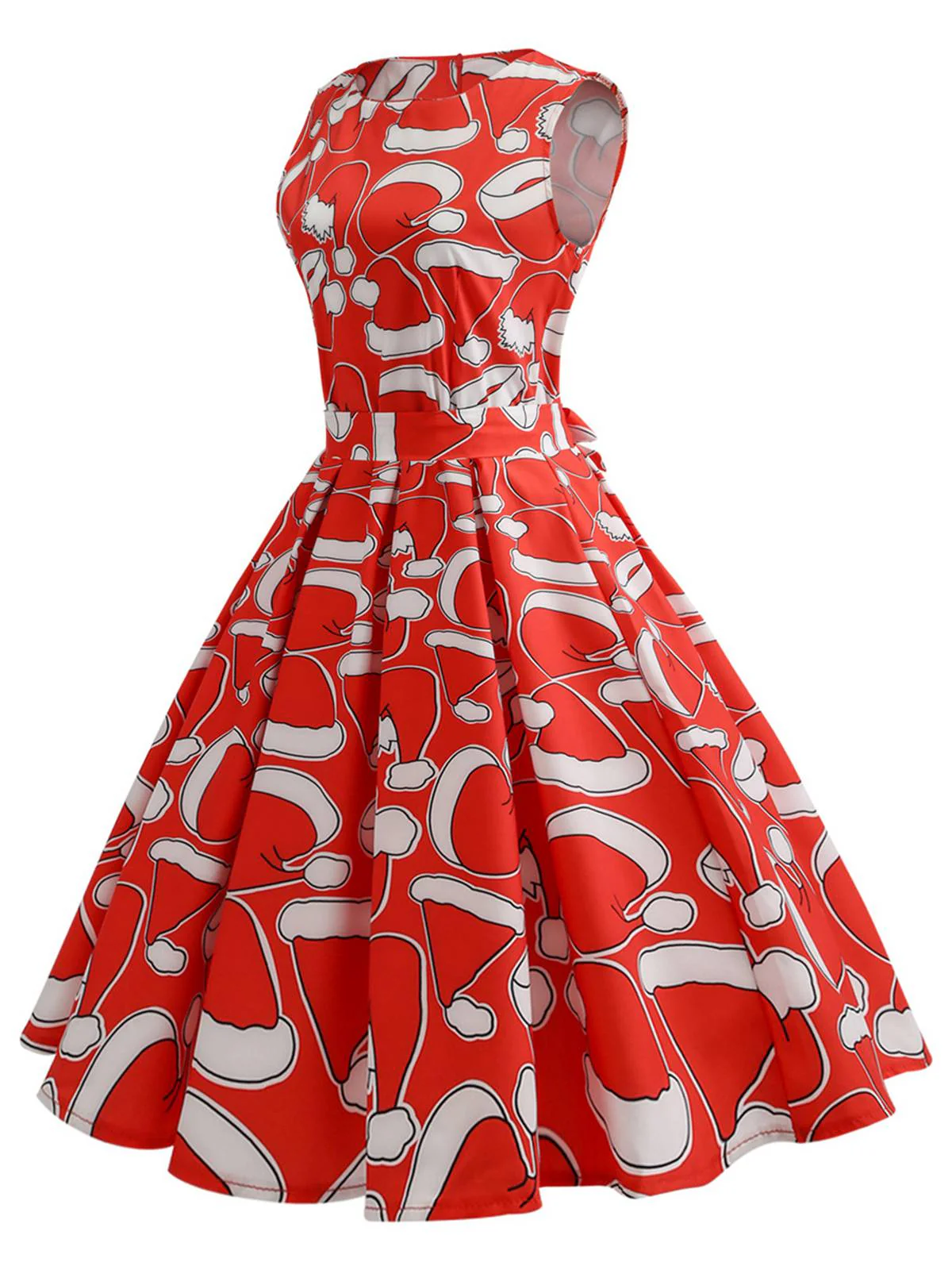 Red 1950s Santa Hat Sleeveless Swing Dress - Image 2