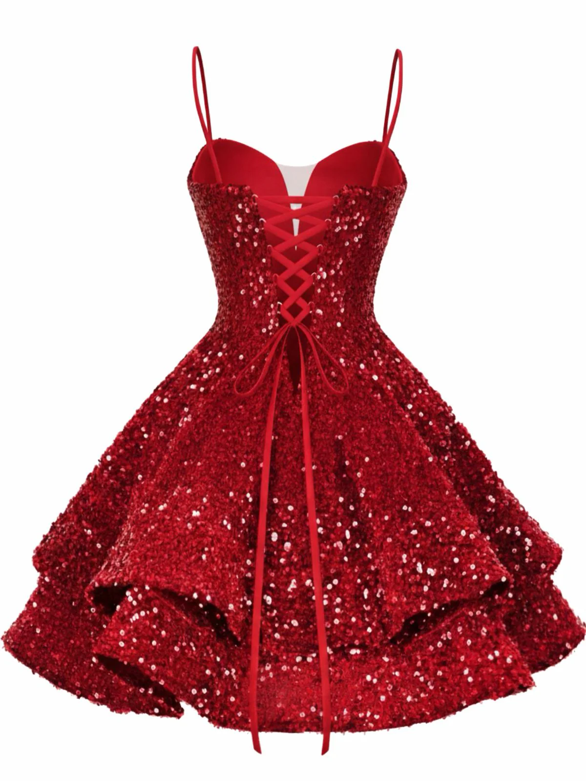 Red 1950s Sequin Deep V-Neck Lace-UP Mini Party Dress - Image 6