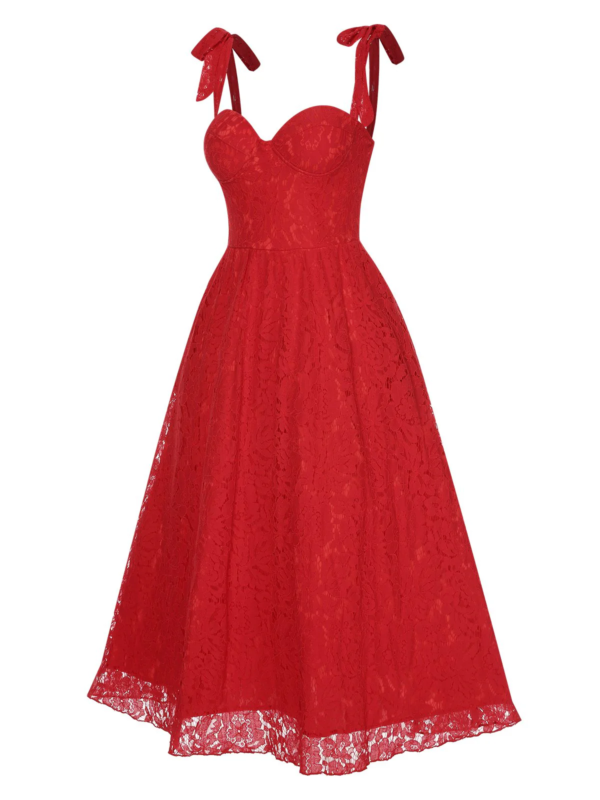Red 1950s Shoulder Straps Lace Swing Dress - Image 2