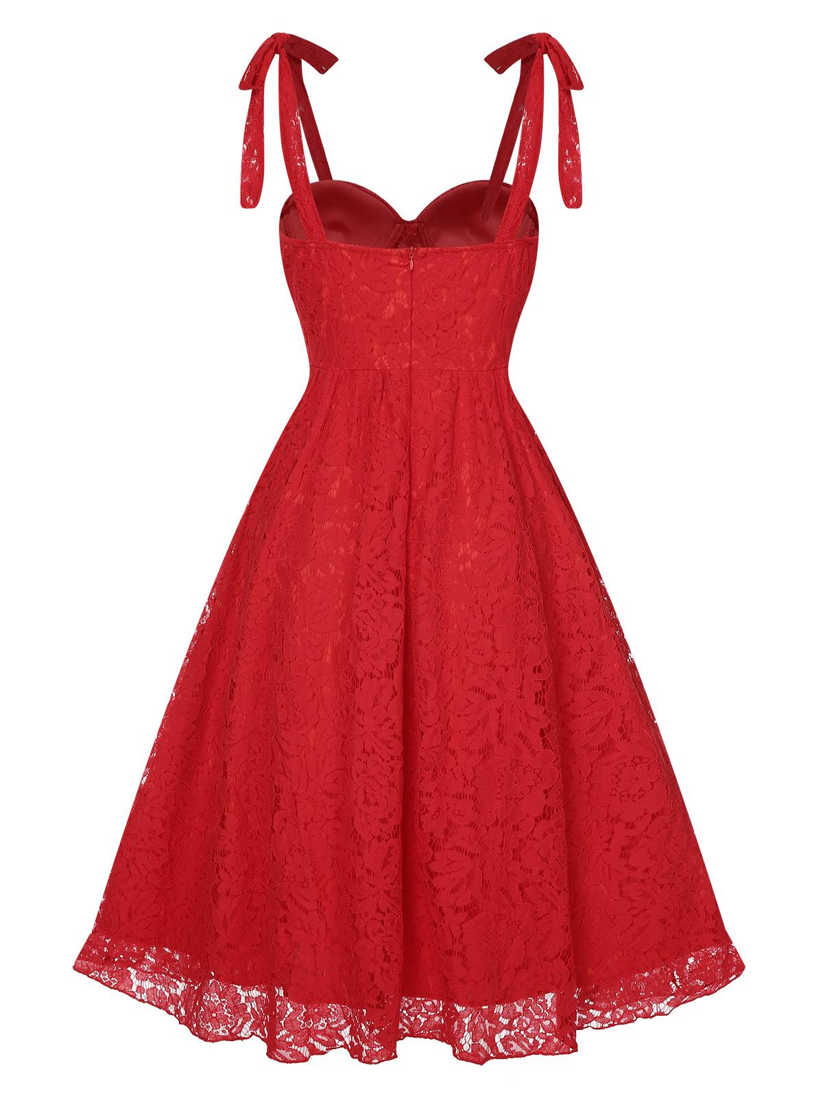 Red 1950s Shoulder Straps Lace Swing Dress - Image 3