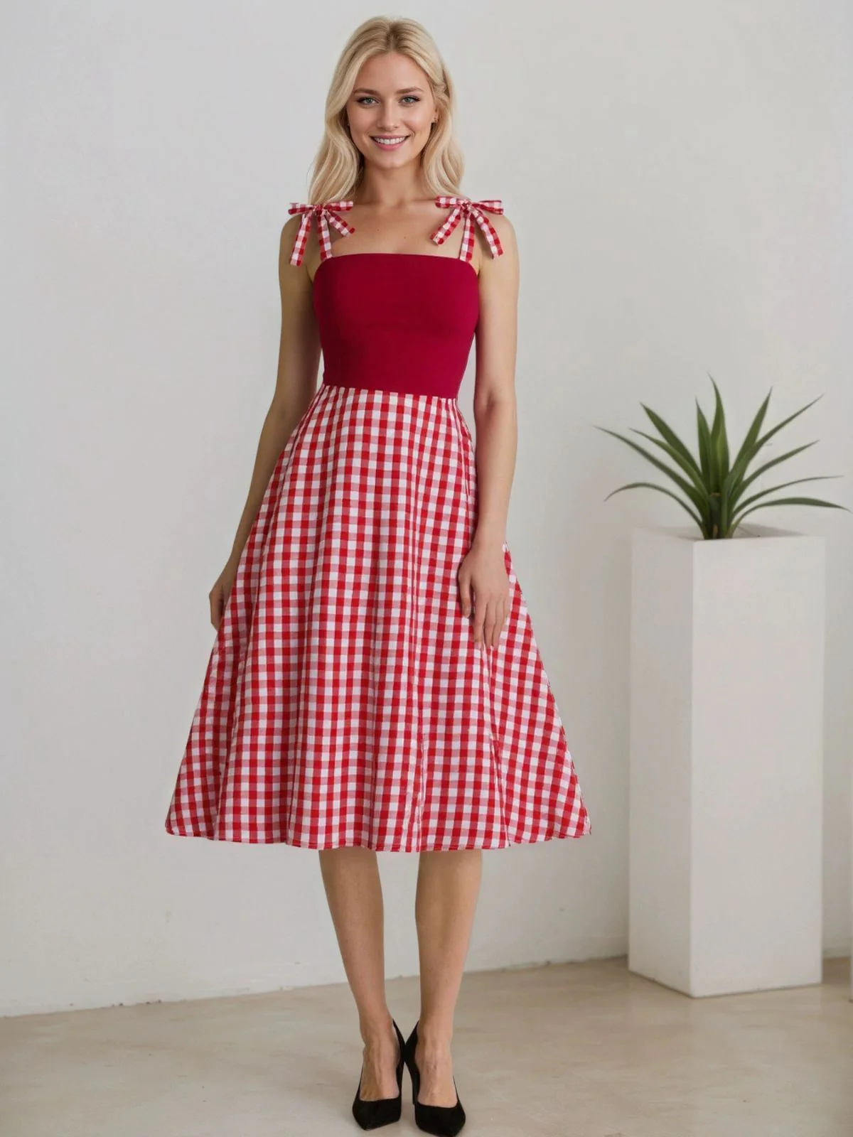 Red 1950s Shoulder Tie Gingham Plaid Dress - Image 2