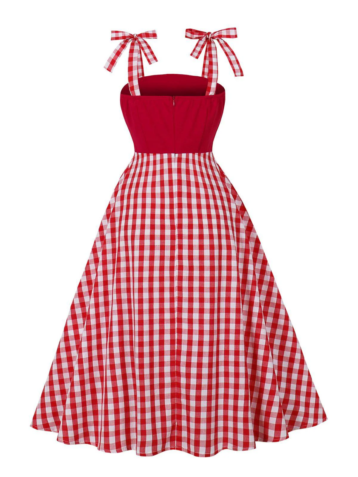 Red 1950s Shoulder Tie Gingham Plaid Dress - Image 3