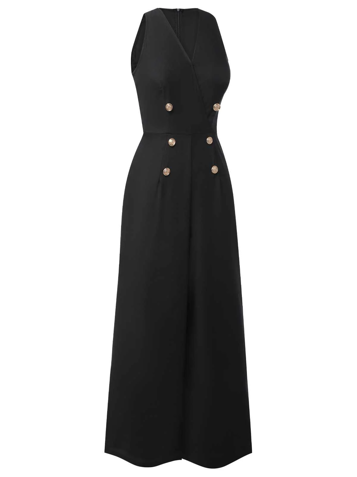 Black 1950s Sleeveless Buttoned Solid Jumpsuit - Image 2