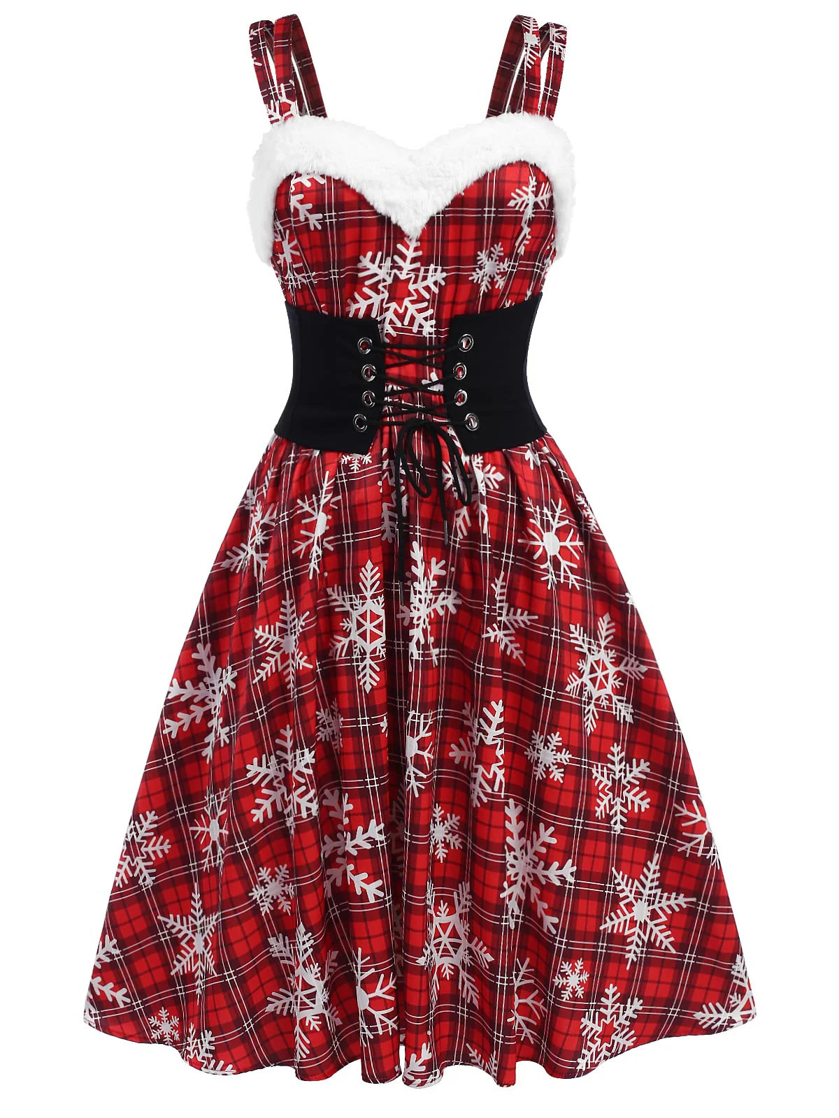Red 1950s Snowflake Plaid Plush Trim Dress - Image 2