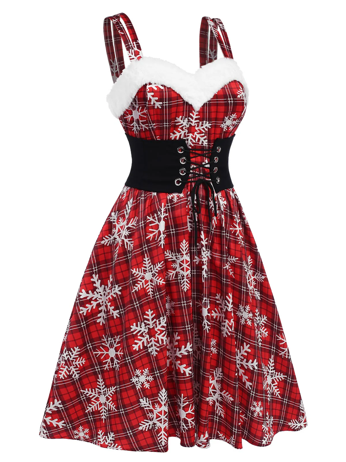 Red 1950s Snowflake Plaid Plush Trim Dress - Image 3