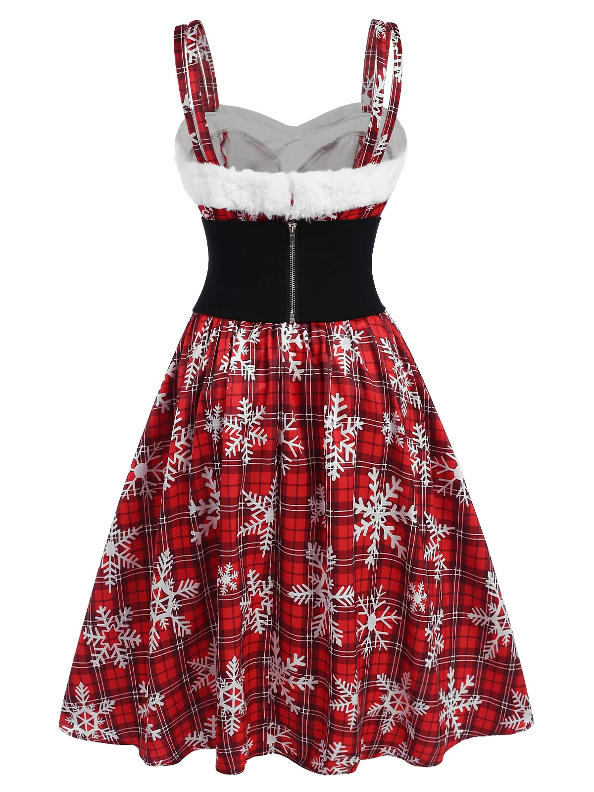 Red 1950s Snowflake Plaid Plush Trim Dress - Image 4