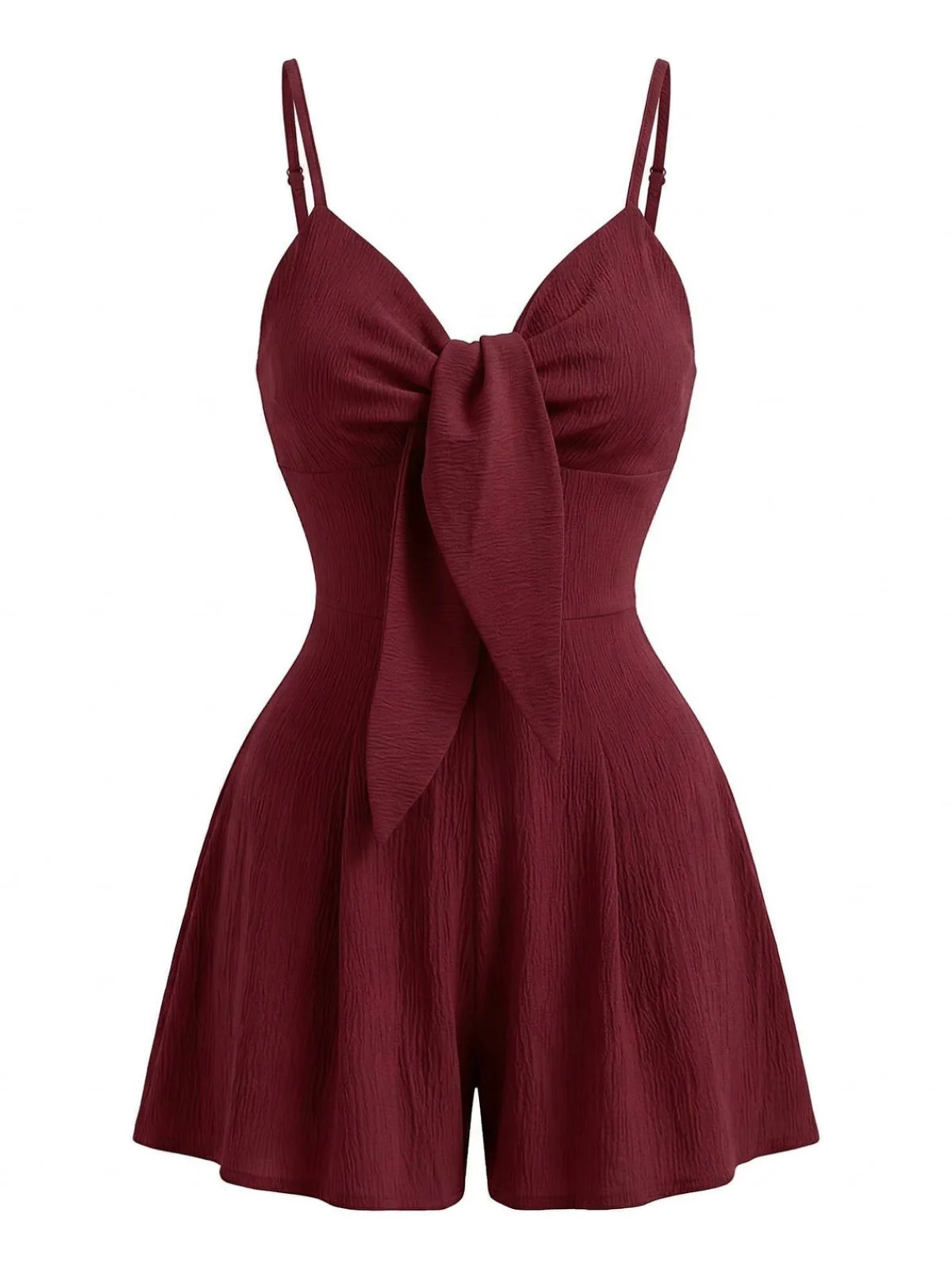 Red 1950s Solid Bow Spaghetti Strap Textured Romper - Image 3