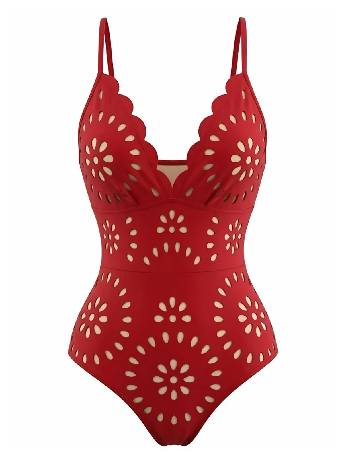 Red 1950s Solid Burnout Petal Collar Swimsuit - Image 2