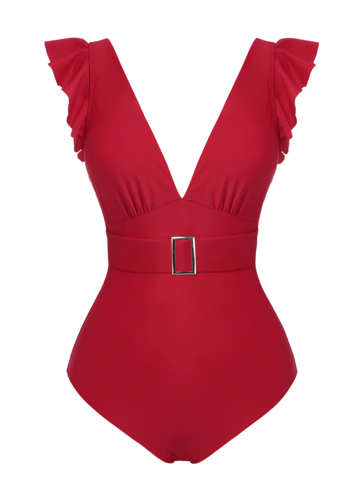 Red 1950s Solid Deep V-Neck Belt Swimsuit - Image 2