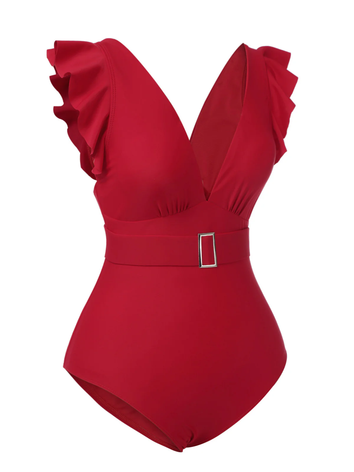 Red 1950s Solid Deep V-Neck Belt Swimsuit - Image 3